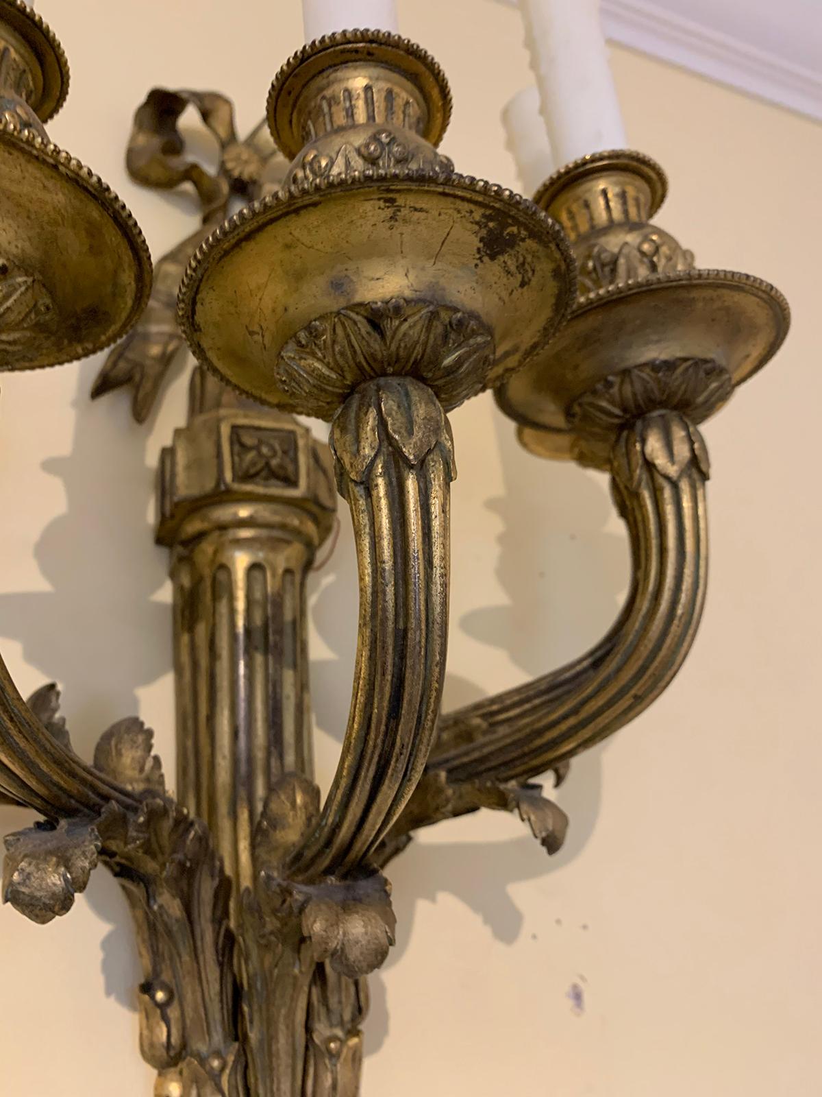 Pair of Louis XVI Style Bronze Five-Arm Sconces with Bows, circa 1900 For Sale 2