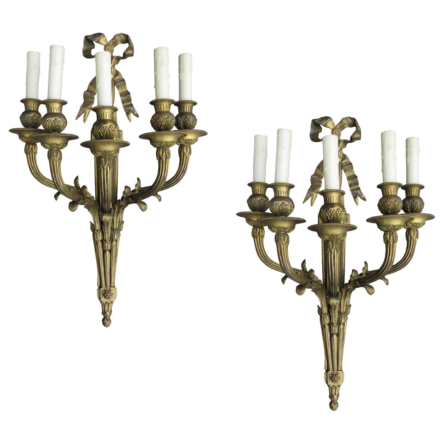 Pair of Louis XVI Style Bronze Five-Arm Sconces with Bows, circa 1900 For Sale