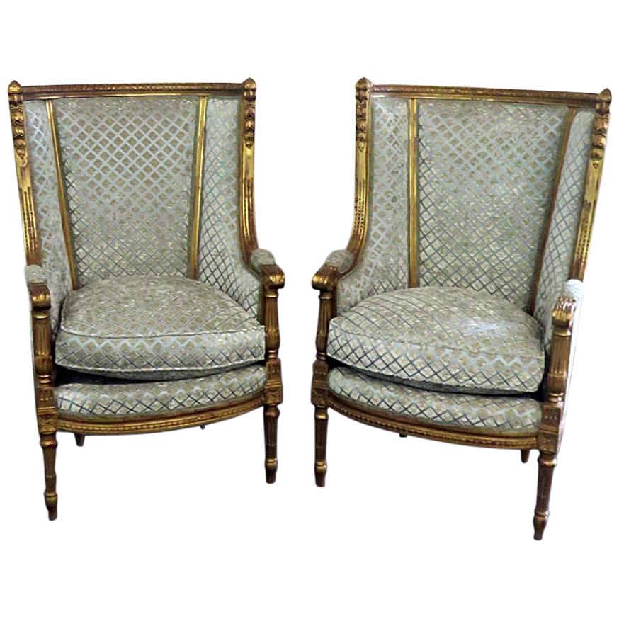 Pair of Louis XVI Style Bronze Mounted Wing Back Chairs mann. Forest