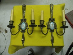 Two Pair of Louis XVI Style Bronze Sconces with Wedgewood Style Cameos