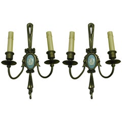 Two Pair of Louis XVI Style Bronze Sconces with Wedgewood Style Cameos
