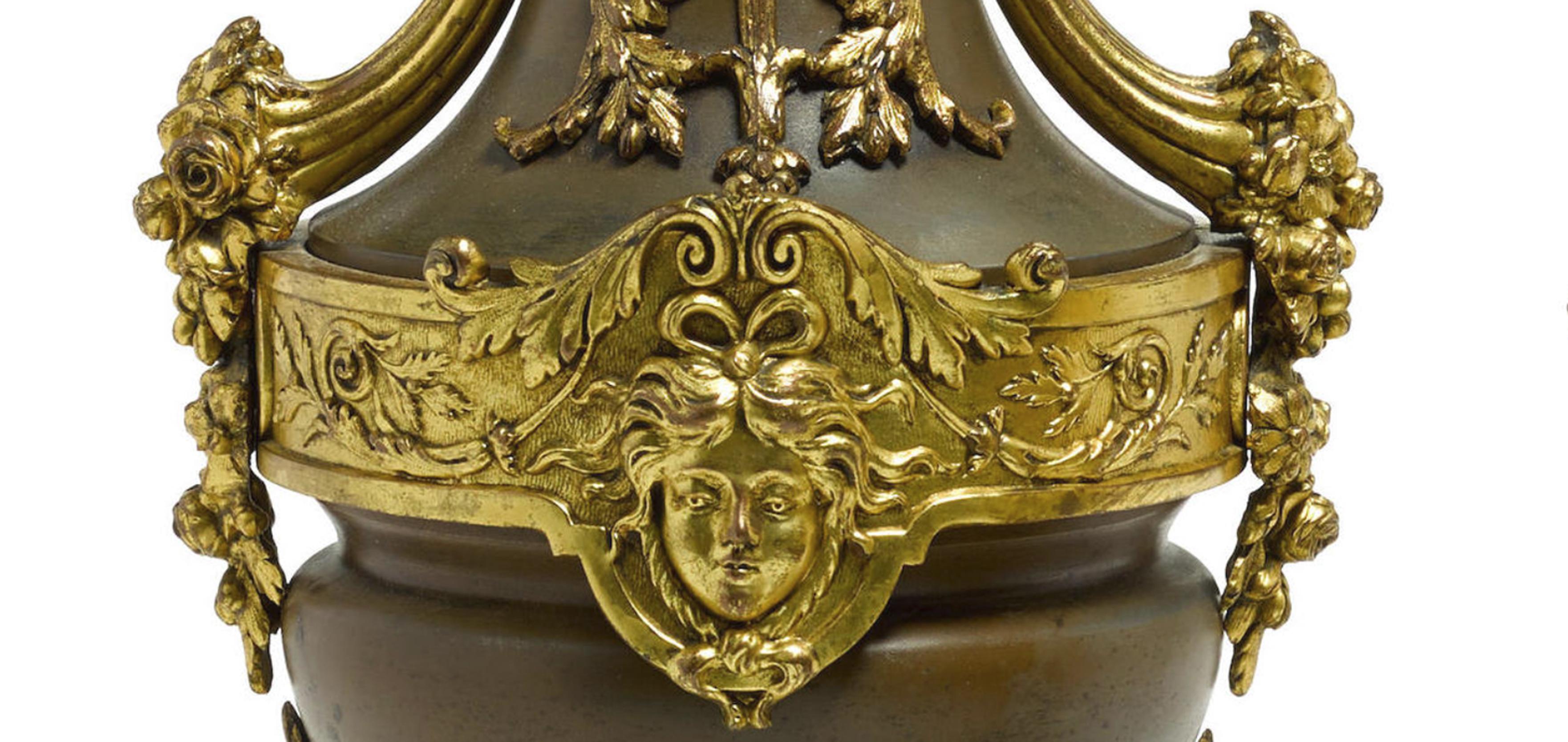 Gilt Pair of Louis XVI Style Bronze Urns, 19th Century