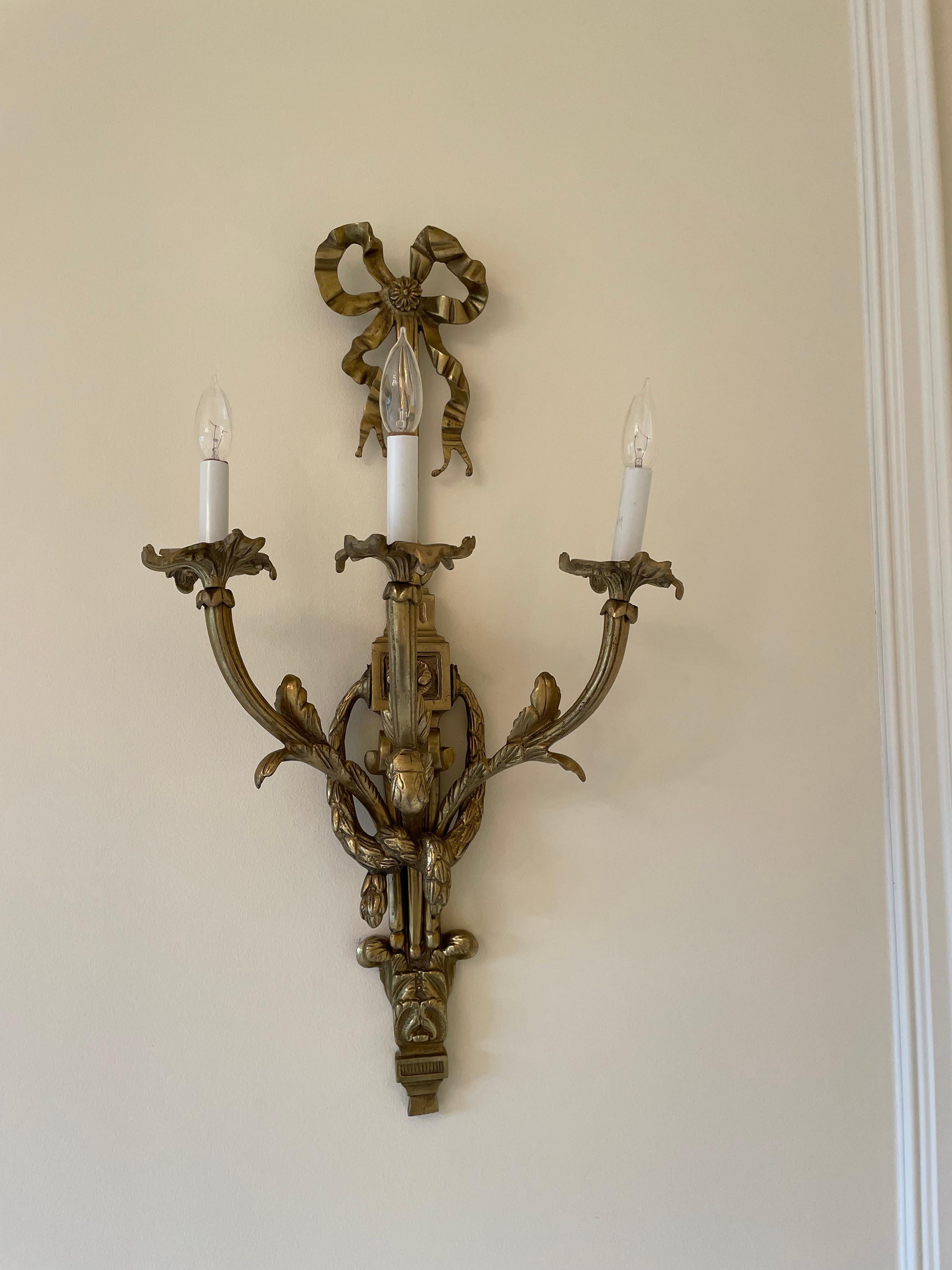 20th Century  Pair of Louis XVI Style Bronze Wall Lights For Sale