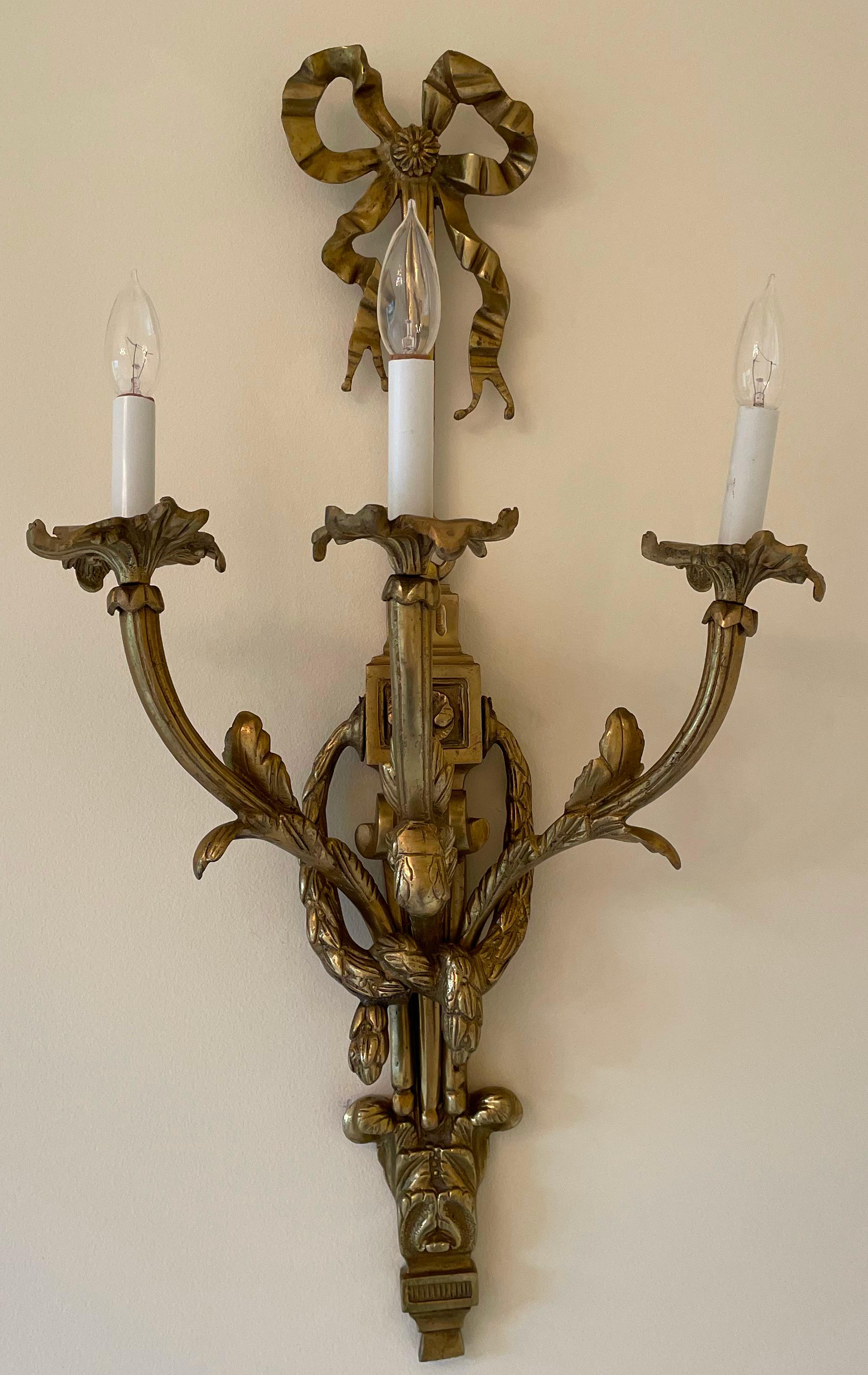 Canvas  Pair of Louis XVI Style Bronze Wall Lights For Sale