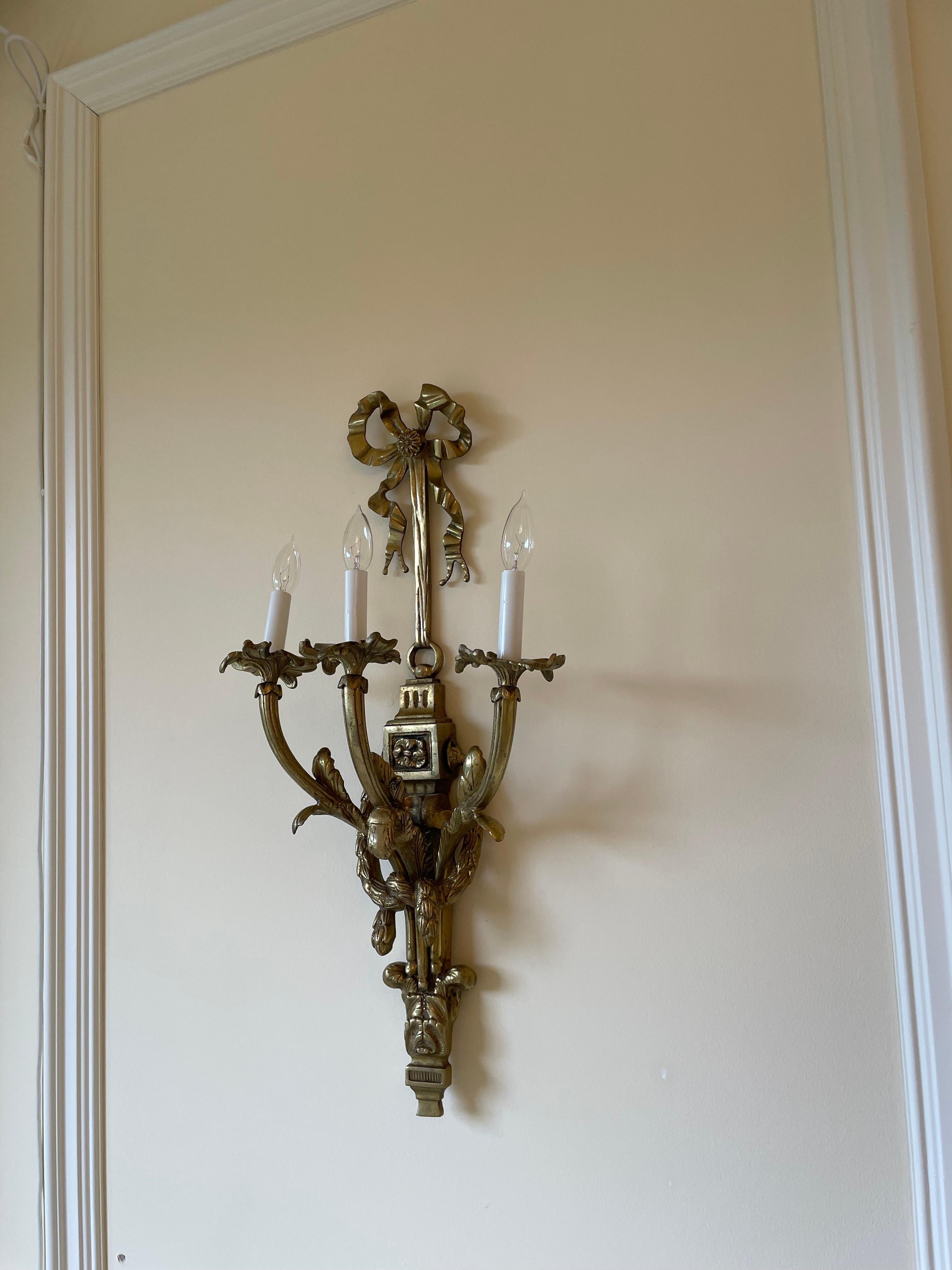  Pair of Louis XVI Style Bronze Wall Lights For Sale 1
