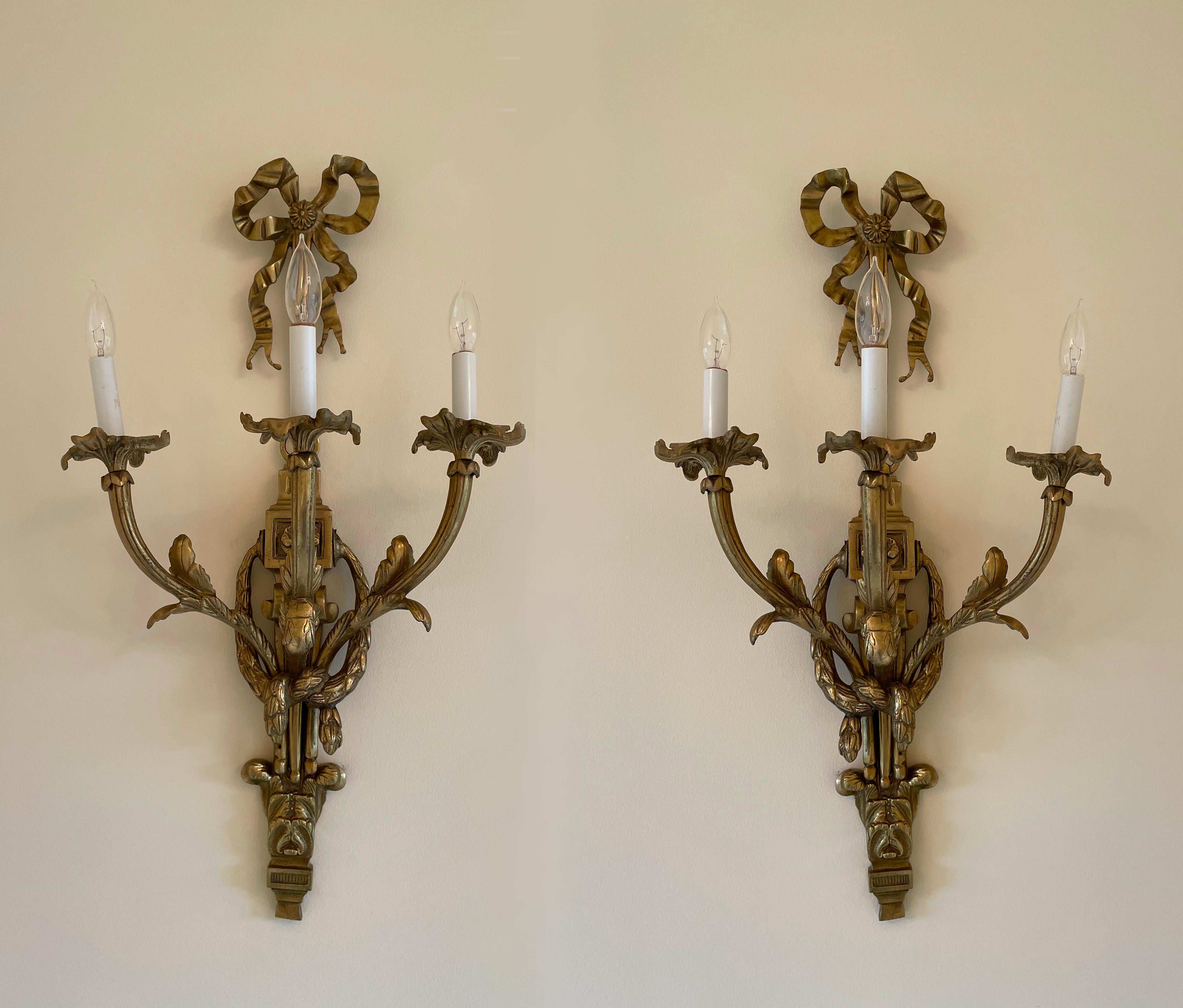  Pair of Louis XVI Style Bronze Wall Lights For Sale 2