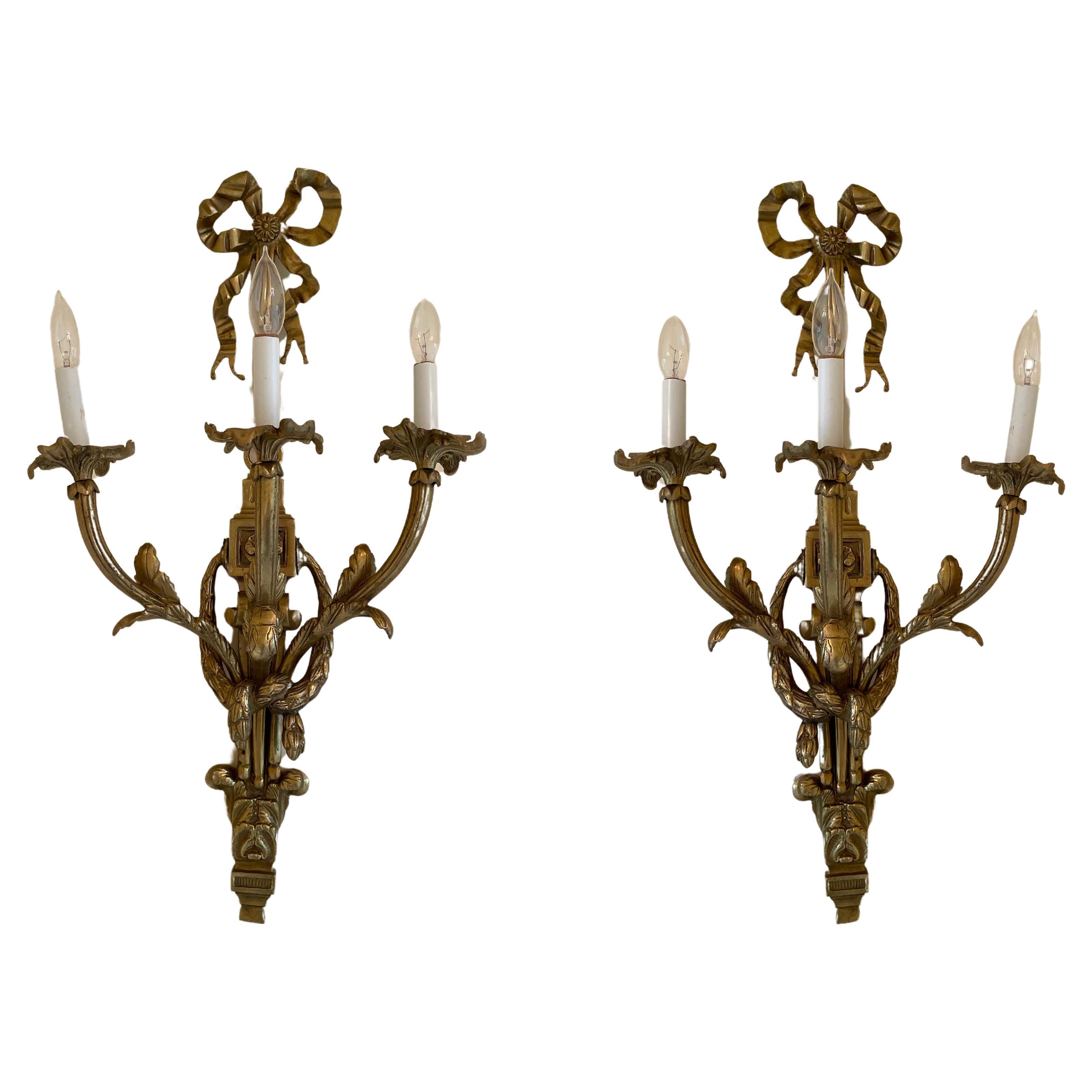  Pair of Louis XVI Style Bronze Wall Lights For Sale