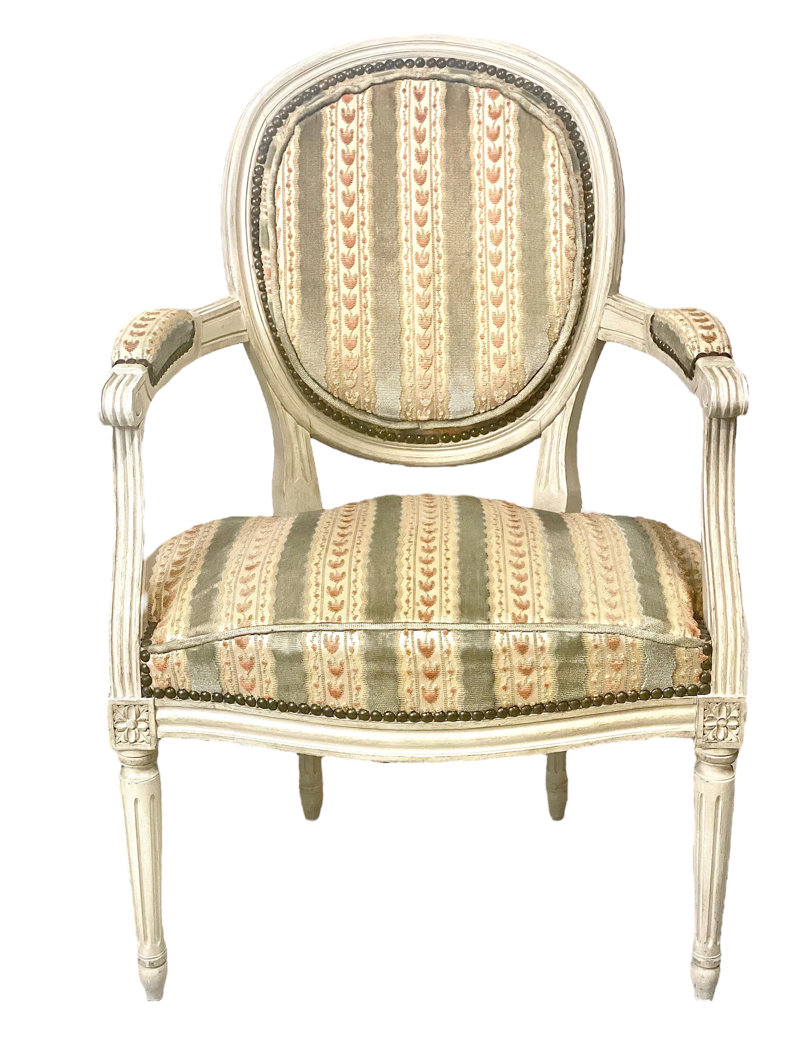 Upholstery Pair of  French 19th Century Louis XVI Style Cabriolets Medaillon Back Armchairs For Sale