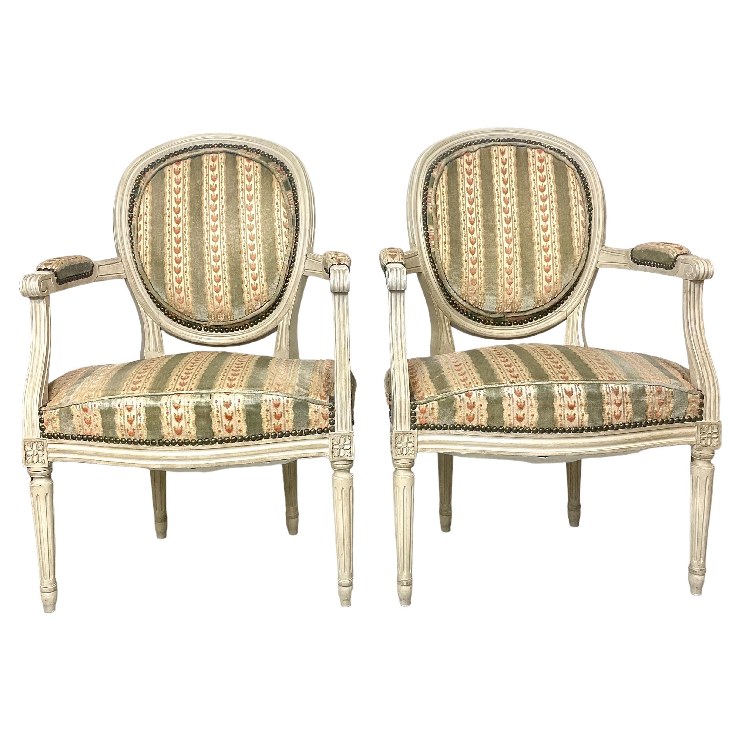 Pair of  French 19th Century Louis XVI Style Cabriolets Medaillon Back Armchairs For Sale