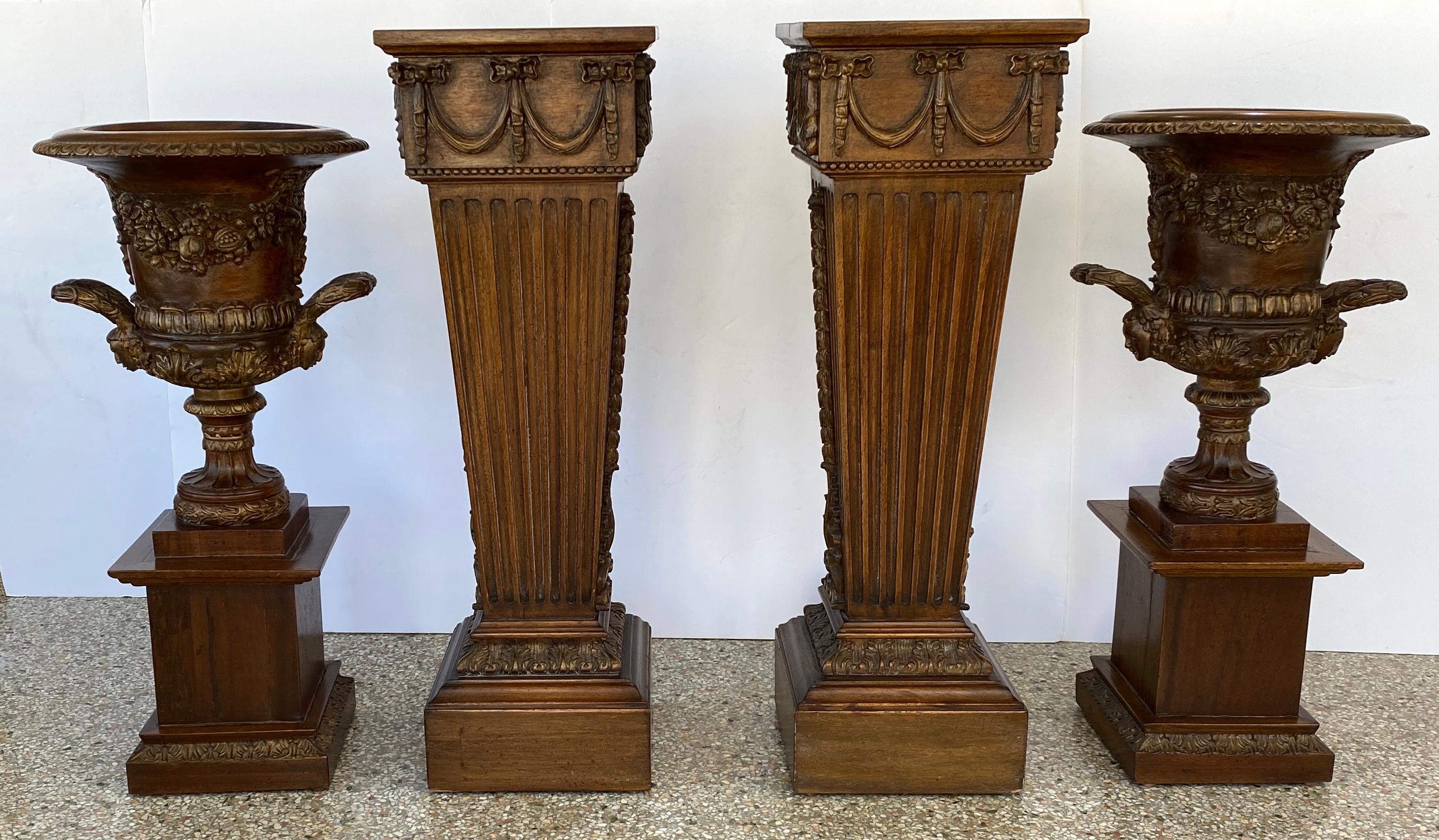 Hand-Carved Pair of Louis XVI Style Campana Urns on Pedestals For Sale
