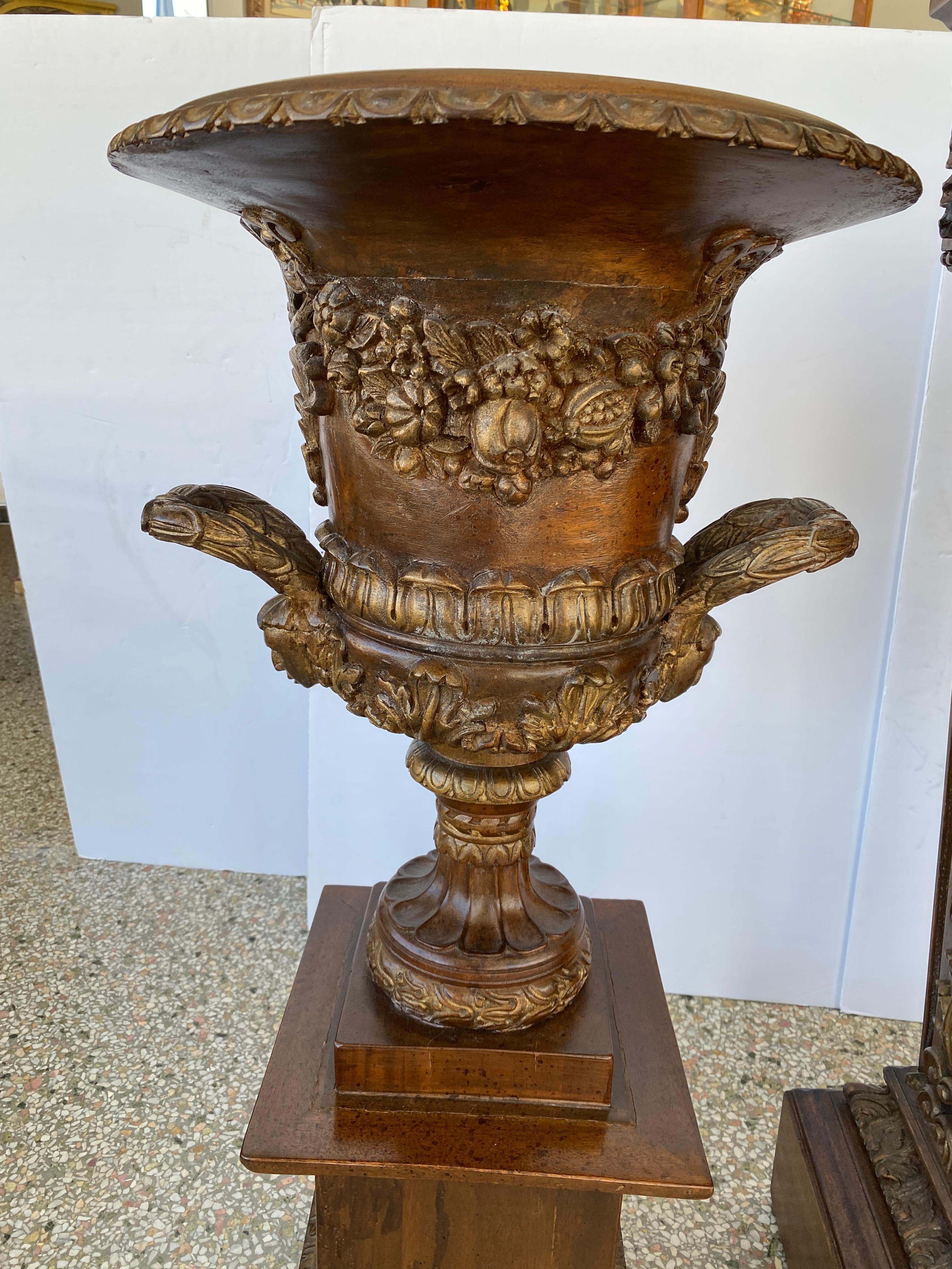 Wood Pair of Louis XVI Style Campana Urns on Pedestals For Sale