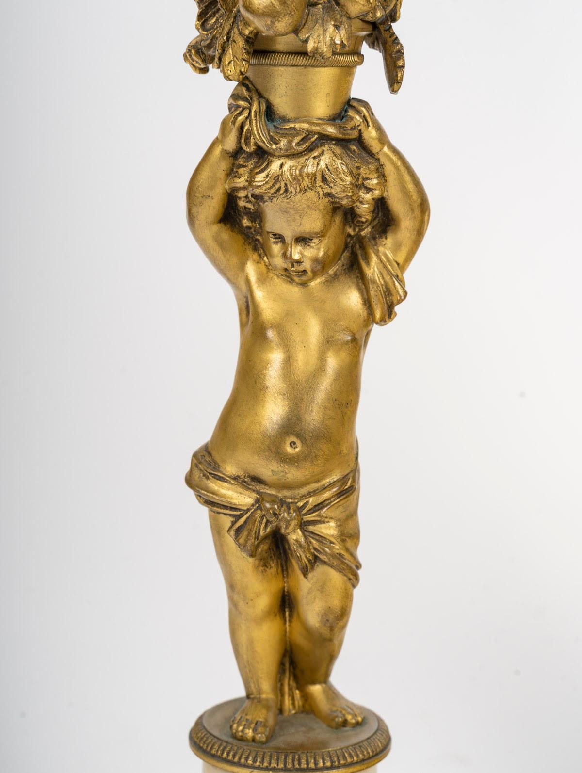 Bronze Pair of Louis XVI Style Candelabra, 19th Century, Signed Barbedienne. For Sale