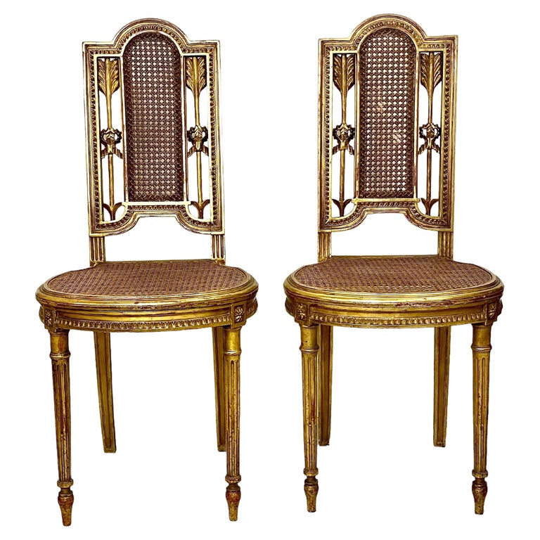 Pair of Louis XVI Style Caned and Gilded Chairs For Sale at 1stDibs