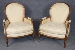 Pair of Louis XVI Style Carved and Upholstered Arm Chairs Bergeres