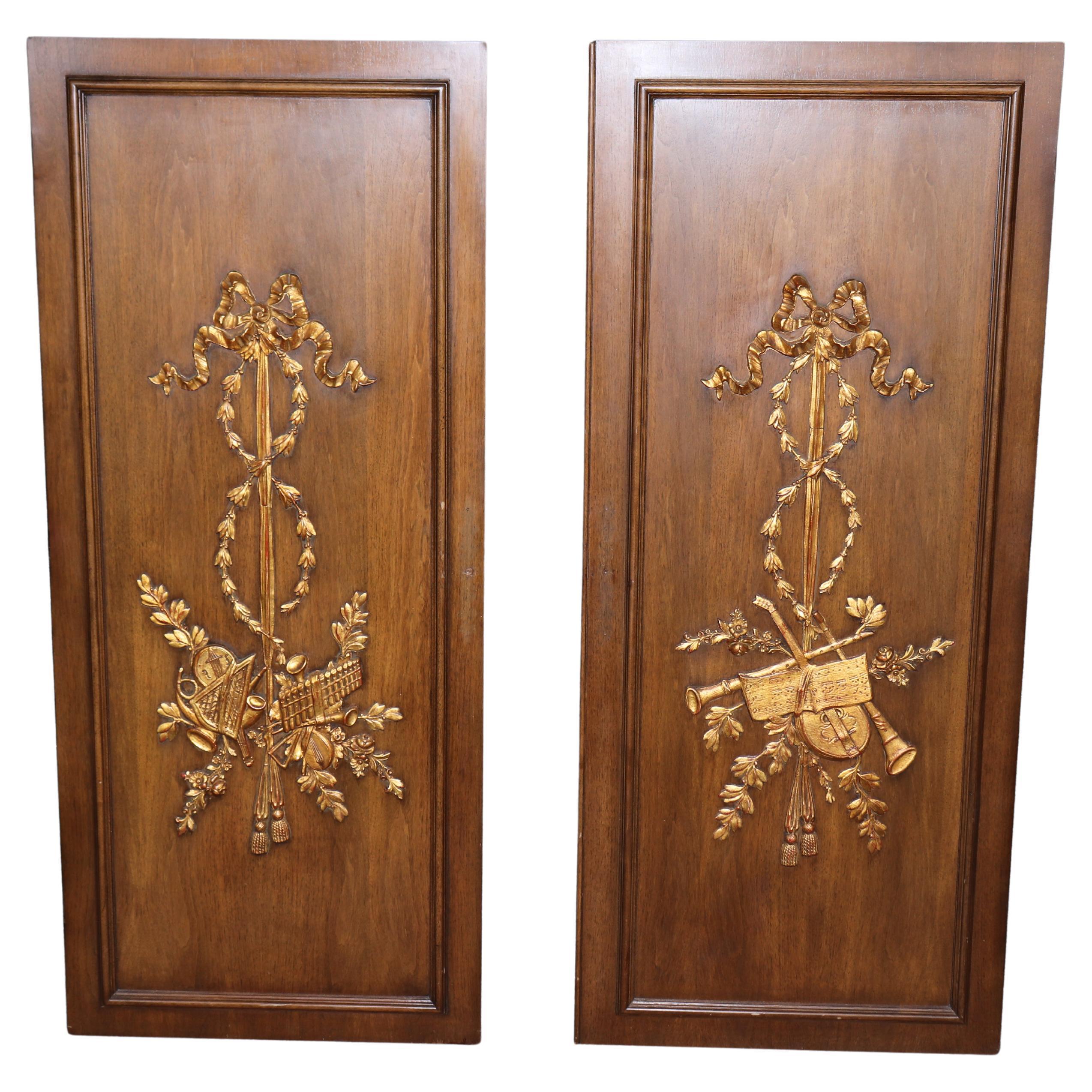 Pair of Louis XVI Style Carved Gilt Accent Neoclassical Wall Panels For Sale