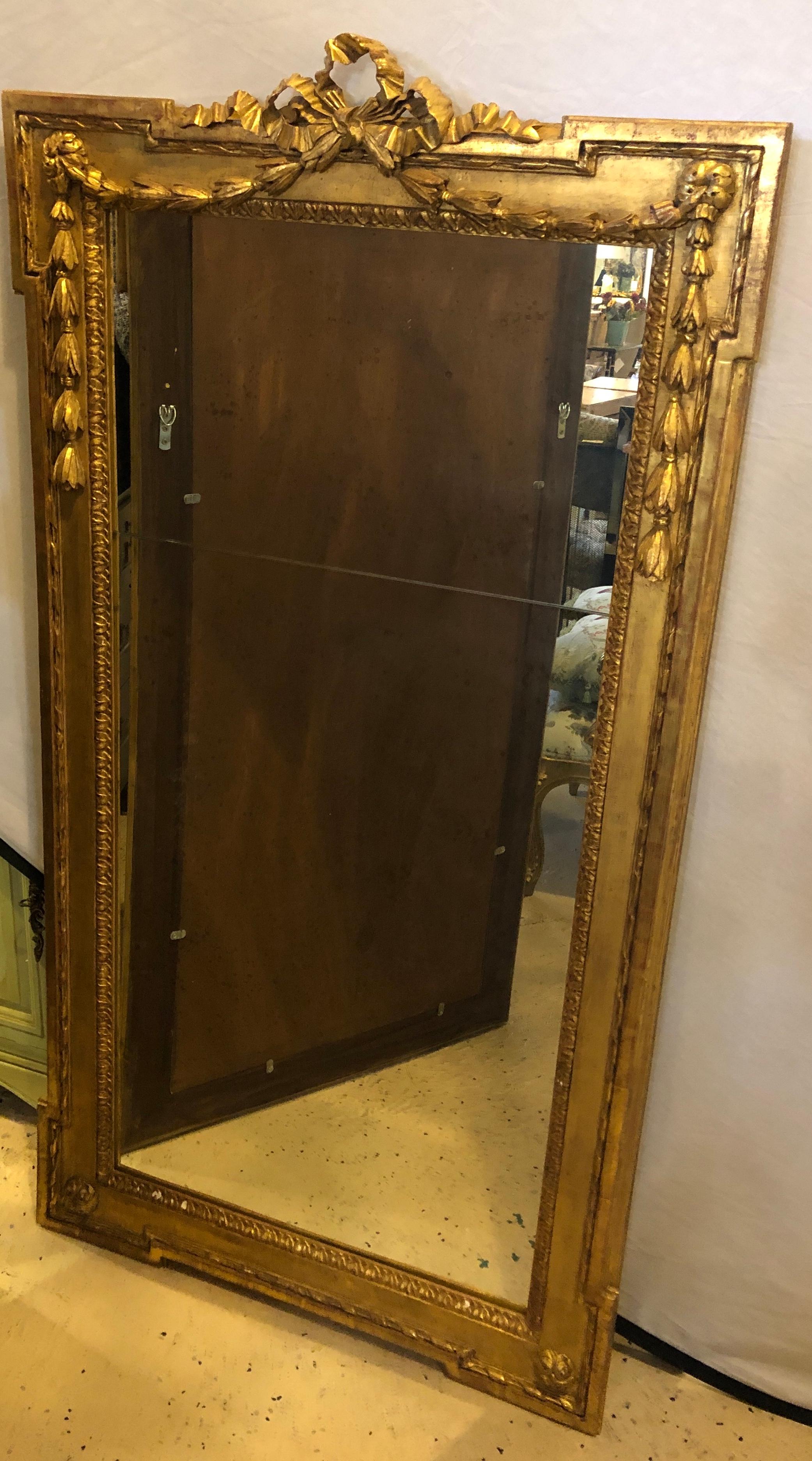 Neoclassical Pair of Louis XVI Style Carved Gilt Gold Wooden Wall or Console/Floor Mirrors