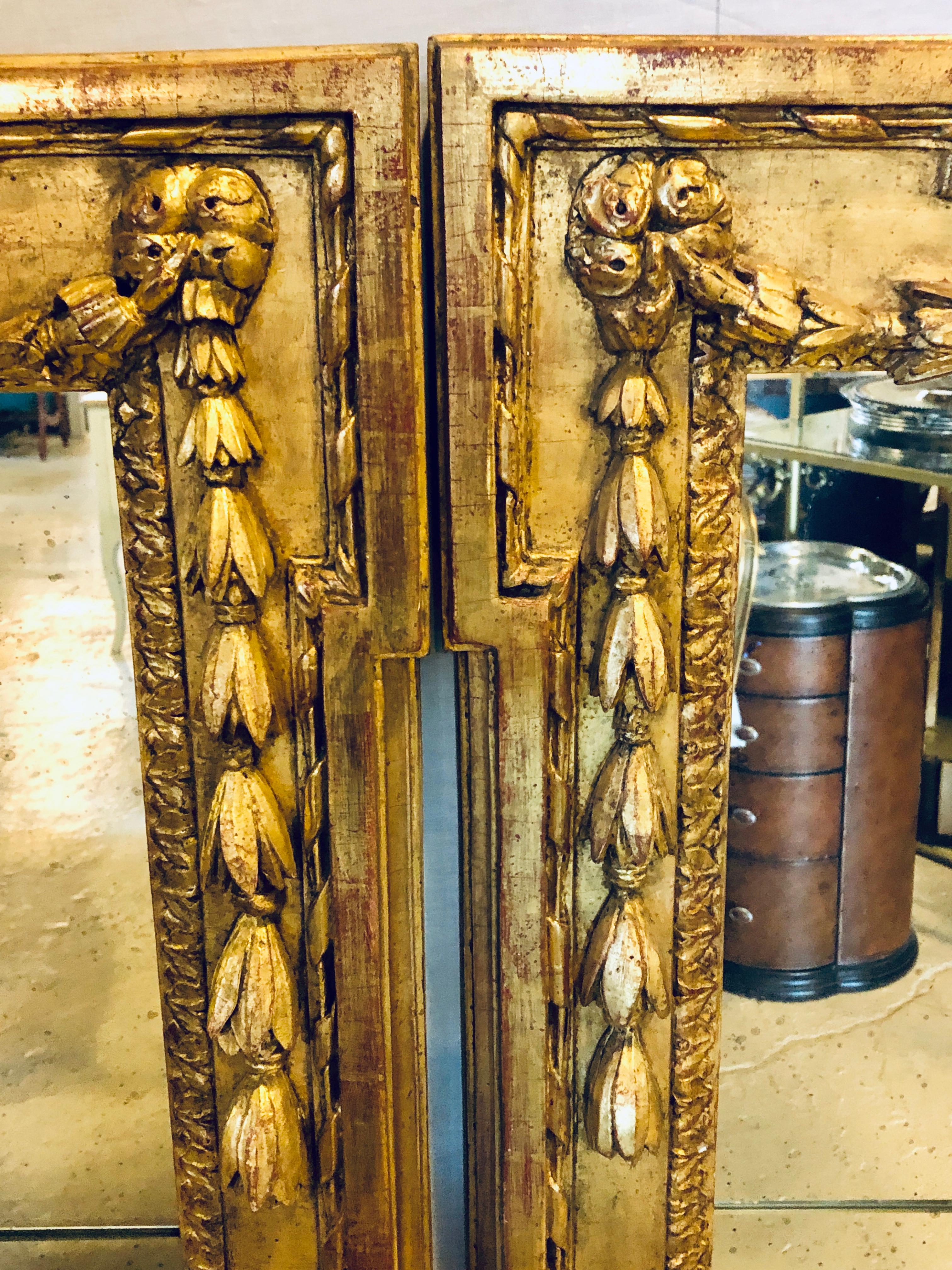 Mid-20th Century Pair of Louis XVI Style Carved Gilt Gold Wooden Wall or Console/Floor Mirrors