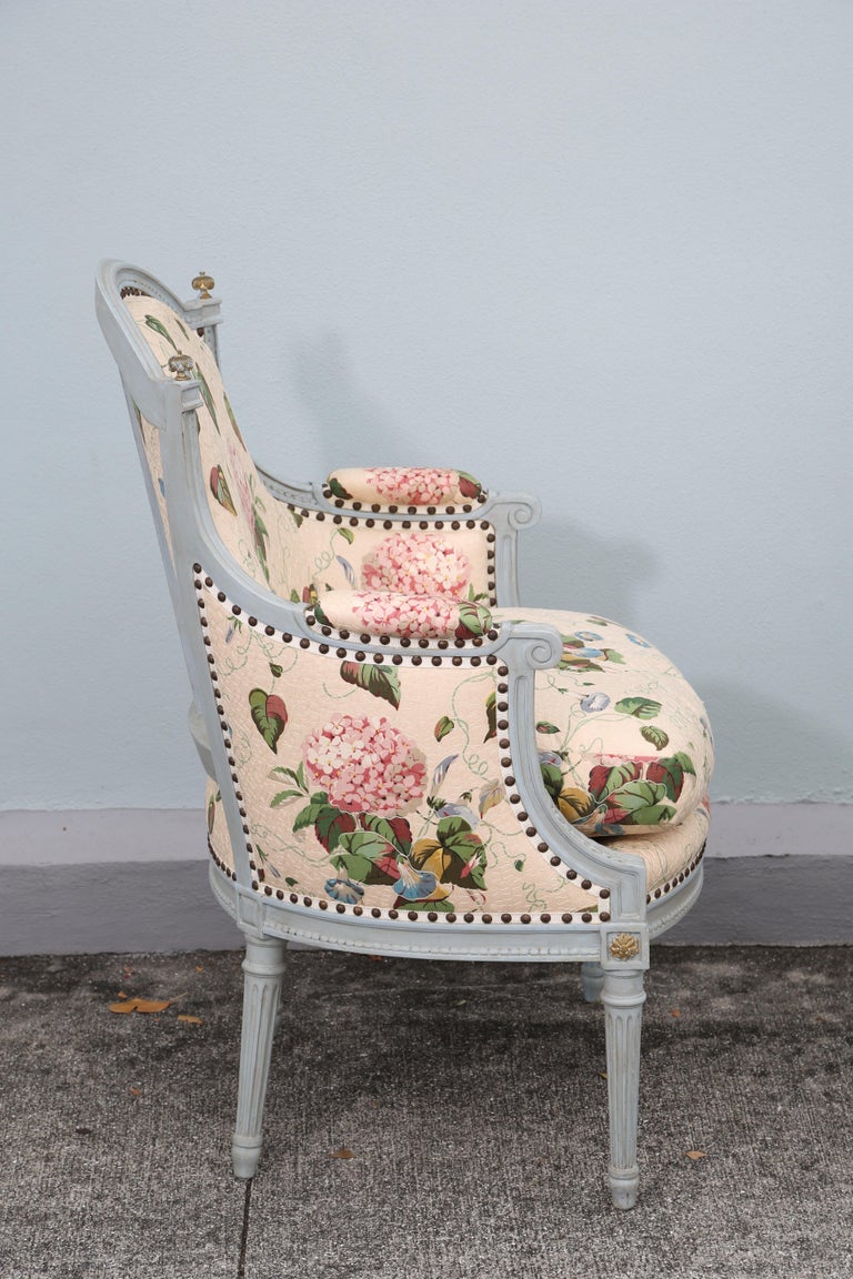 Pair of Louis XVI Style Carved and Painted Bergere Chairs at 1stDibs