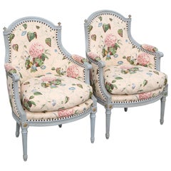 Pair of Louis XVI Style Carved & Painted Bergere Chairs