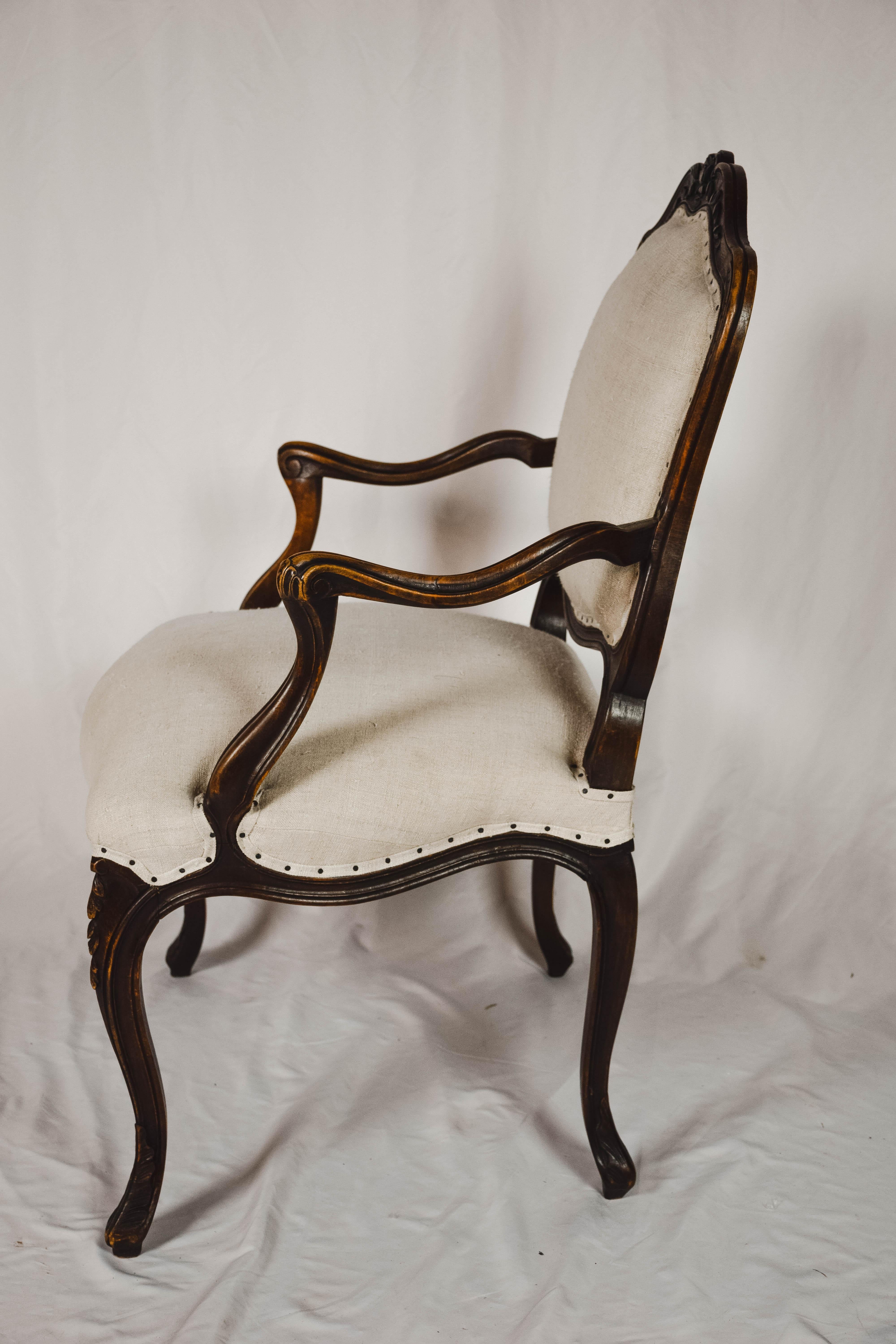 Linen Pair of Louis XVI Style Carved Walnut Fauteuils Armchairs