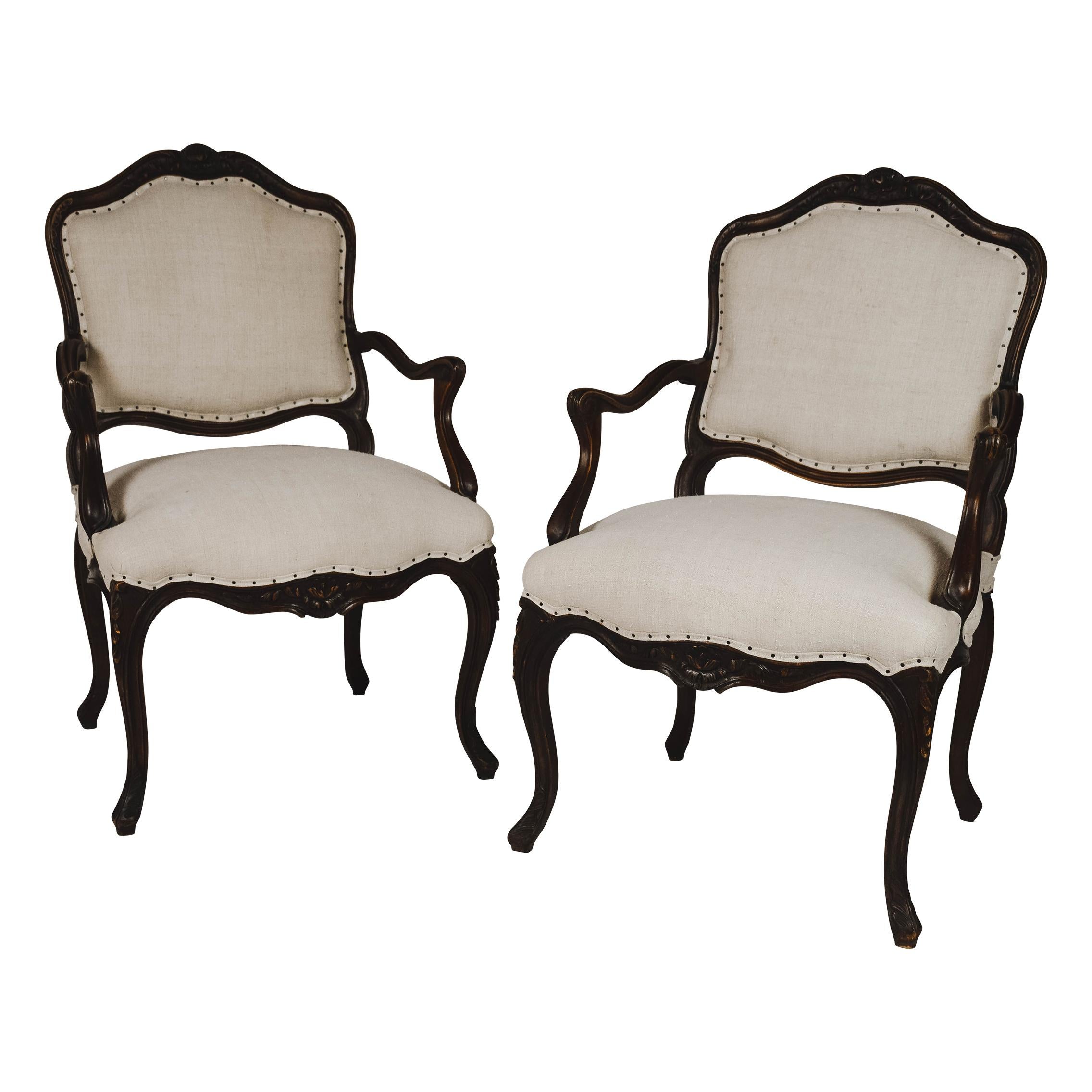 Pair of Louis XVI Style Carved Walnut Fauteuils Armchairs