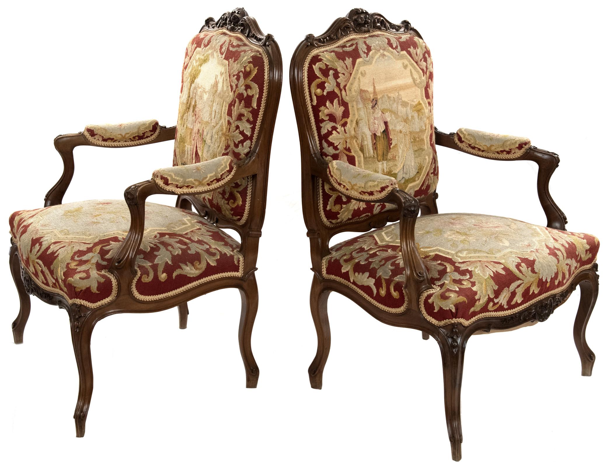French Pair of Louis XV Style Carved Walnut Tapestry Armchairs
