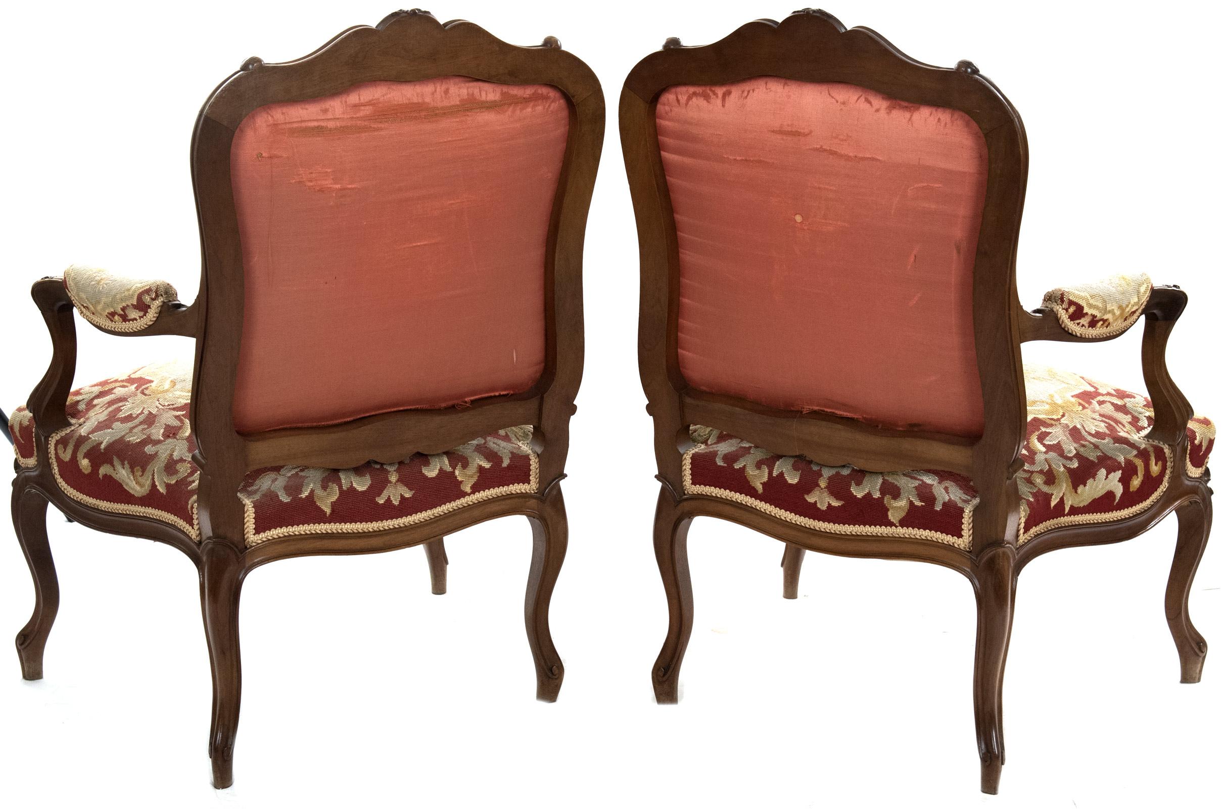 Pair of Louis XV Style Carved Walnut Tapestry Armchairs In Good Condition In Salt Lake City, UT