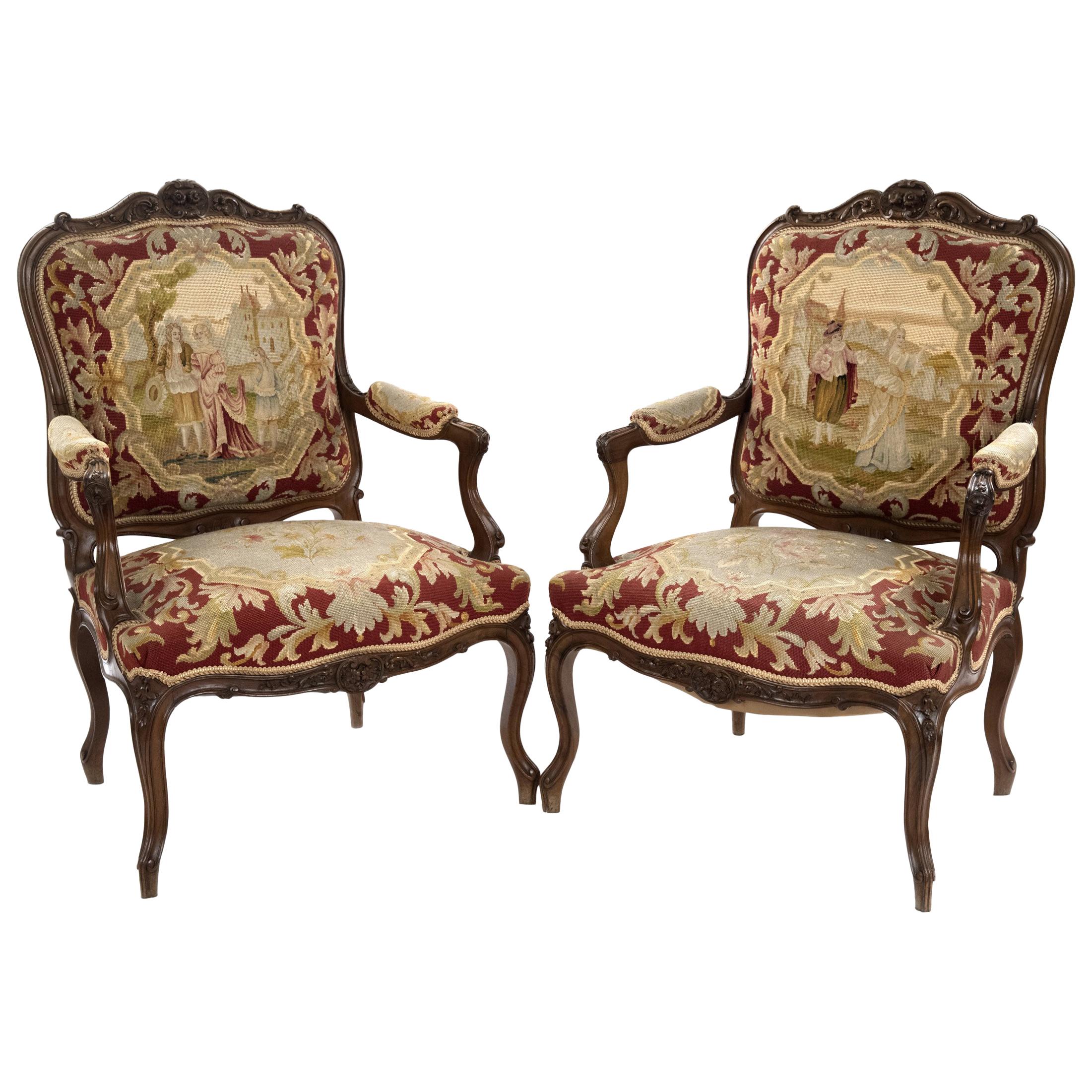 Pair of Louis XV Style Carved Walnut Tapestry Armchairs