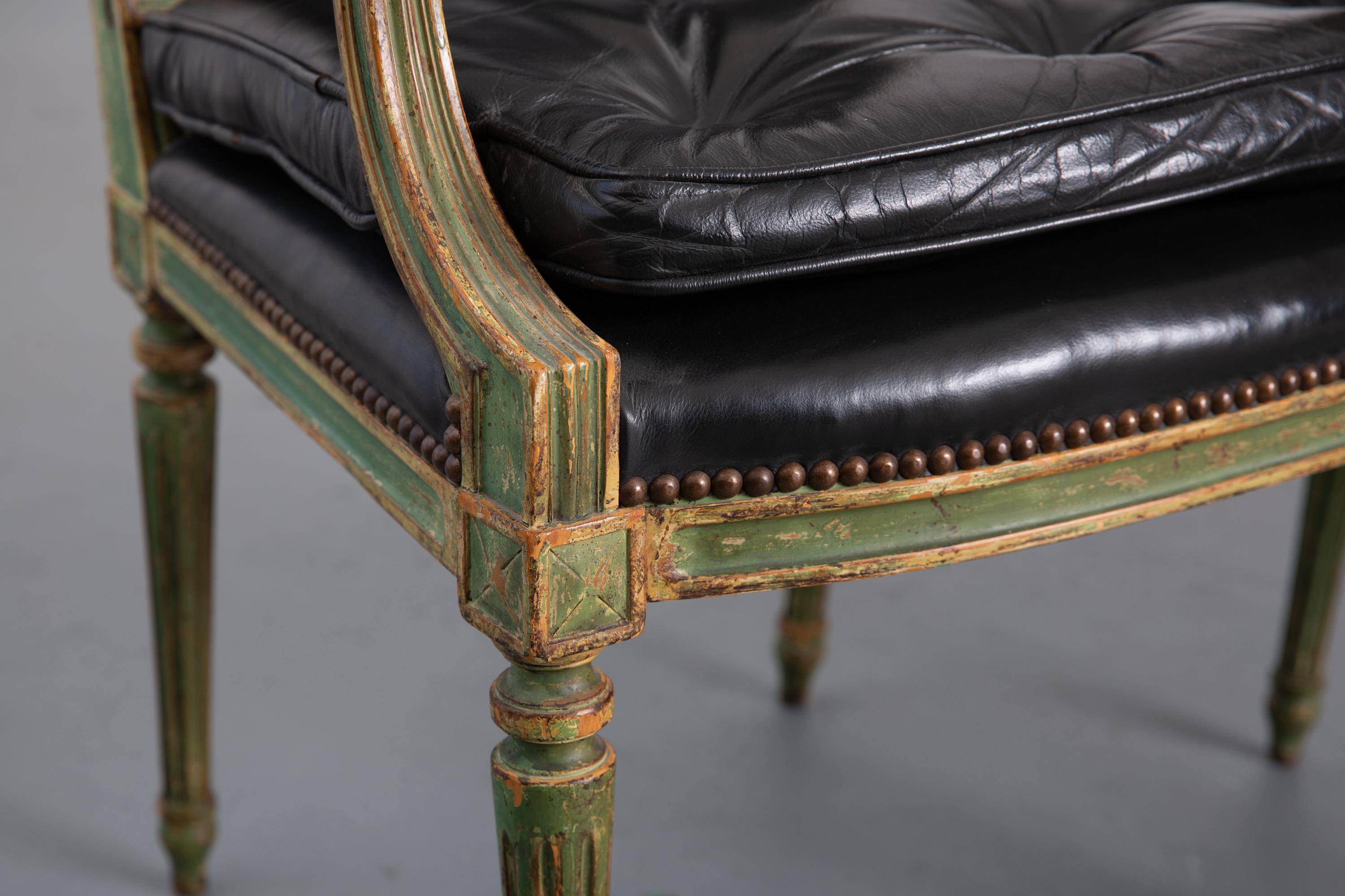 Pair of Louis XVI Style Carved Wood Leather Deco Armchairs For Sale 2