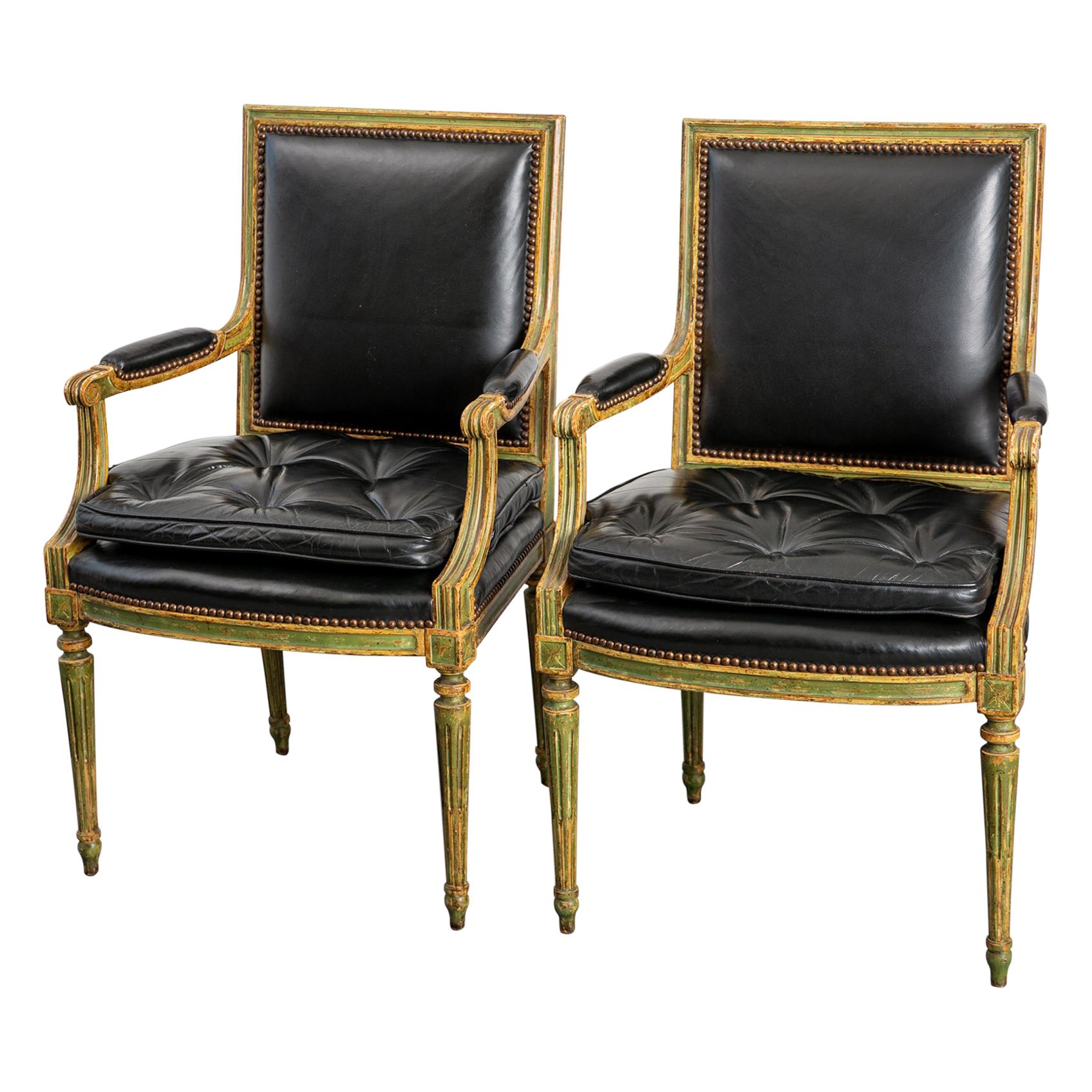 Pair of Louis XVI Style Carved Wood Leather Deco Armchairs