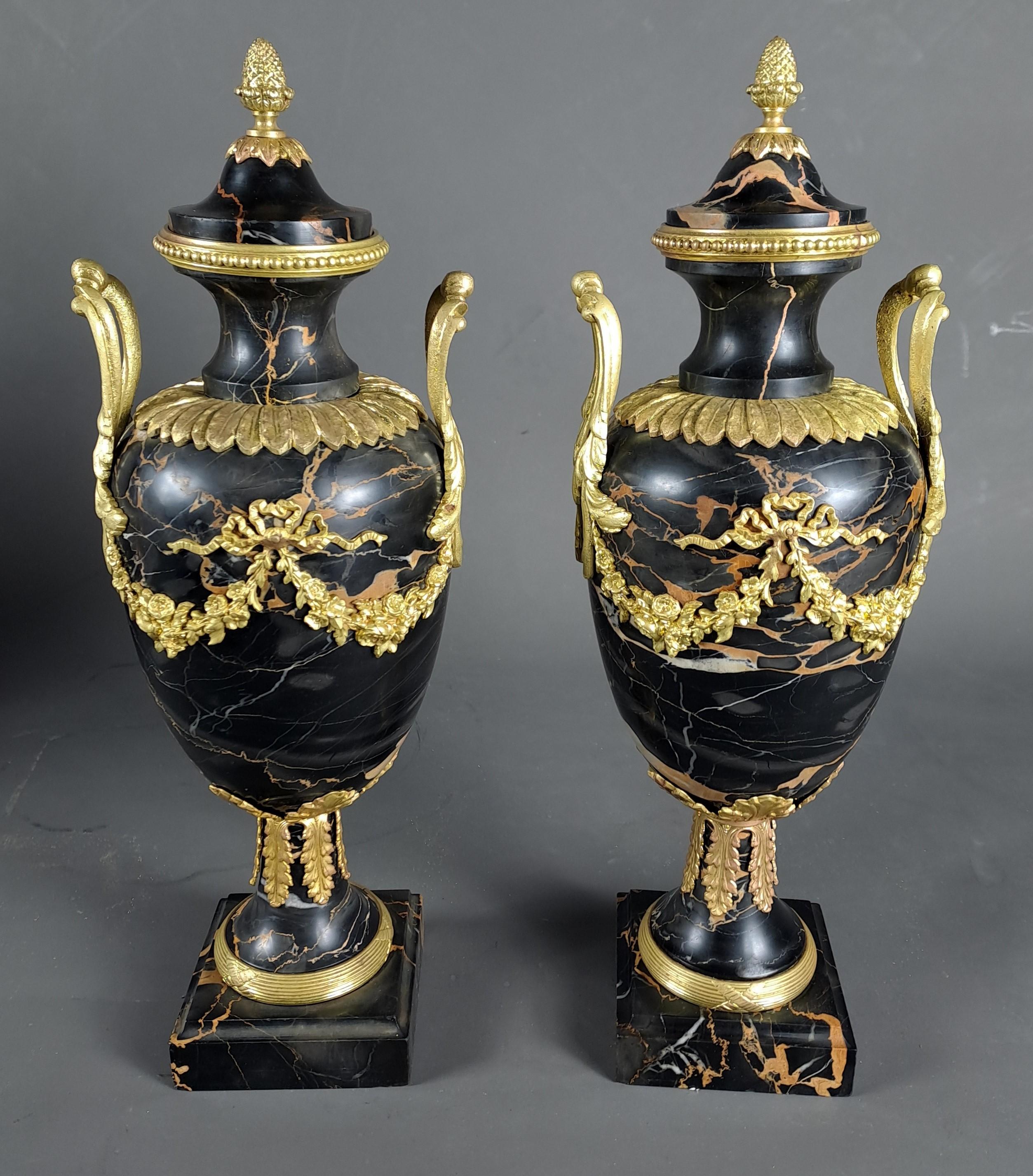 Pair Of Louis XVI Style Cassolettes In Portor Marble And Gilt Bronze 8