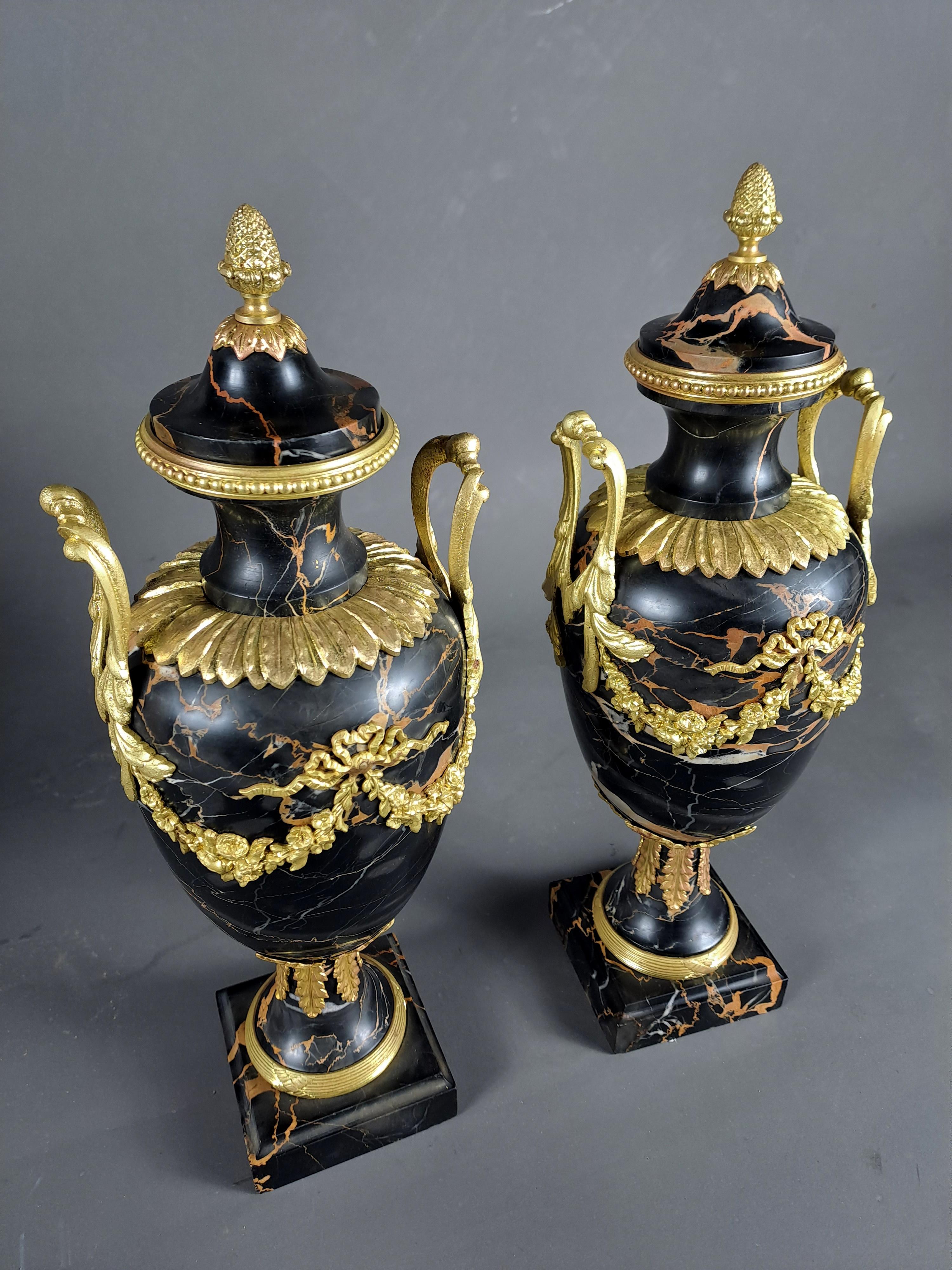 Pair Of Louis XVI Style Cassolettes In Portor Marble And Gilt Bronze 9