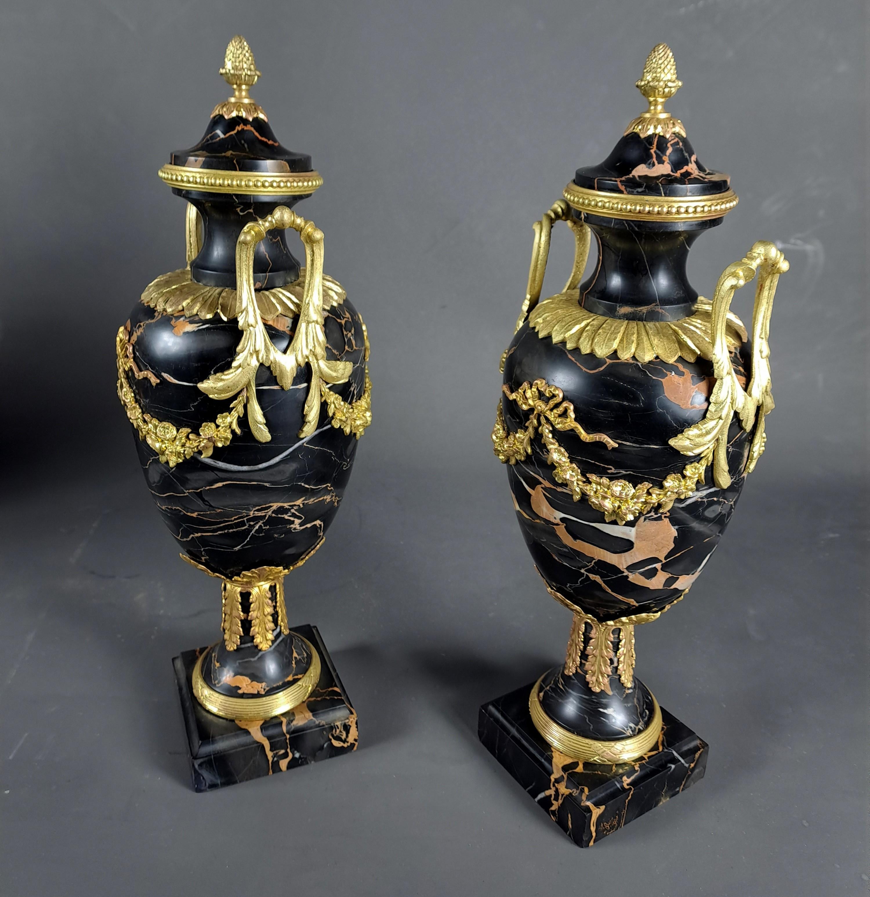 Pair Of Louis XVI Style Cassolettes In Portor Marble And Gilt Bronze 10