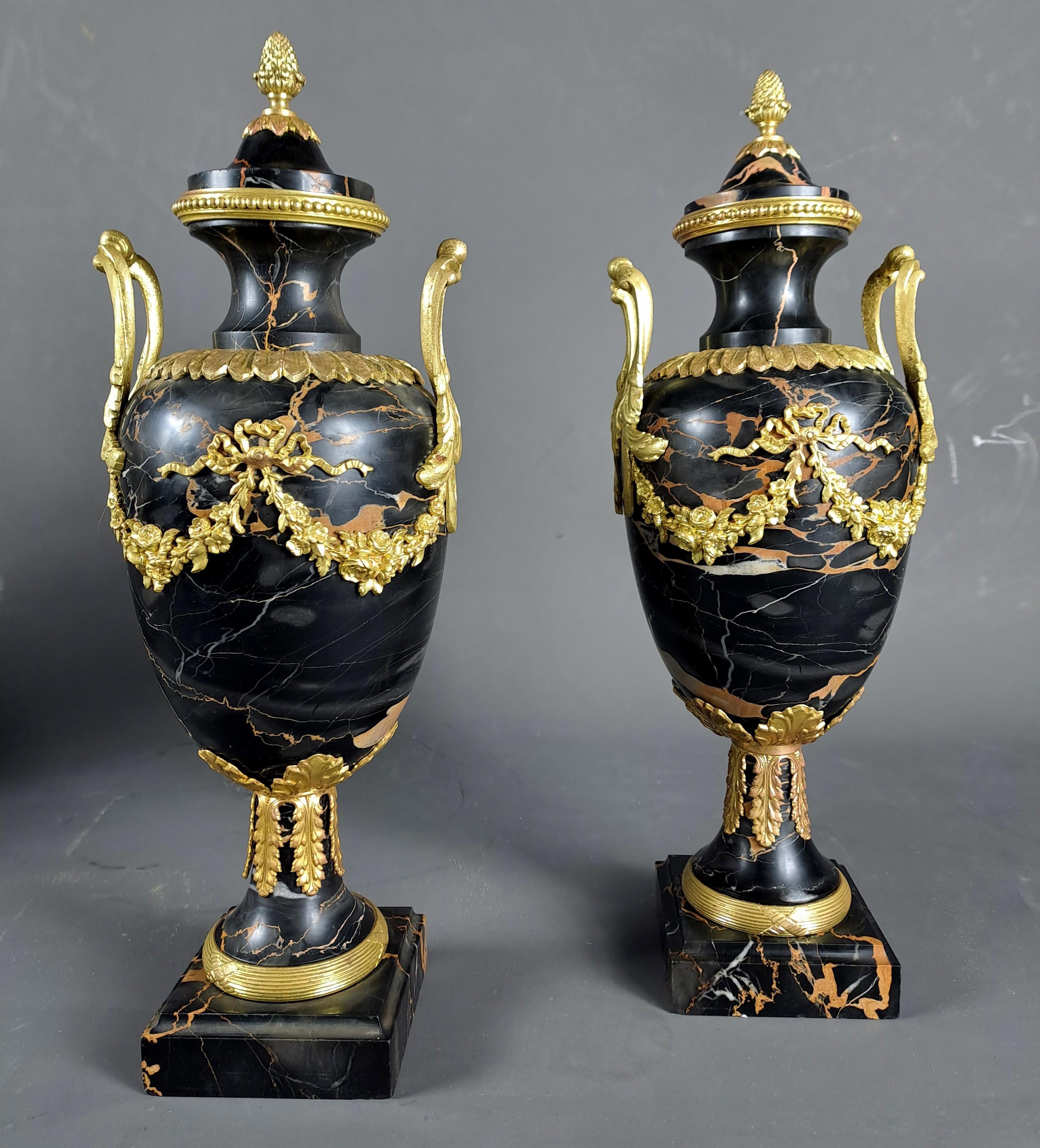 French Pair Of Louis XVI Style Cassolettes In Portor Marble And Gilt Bronze