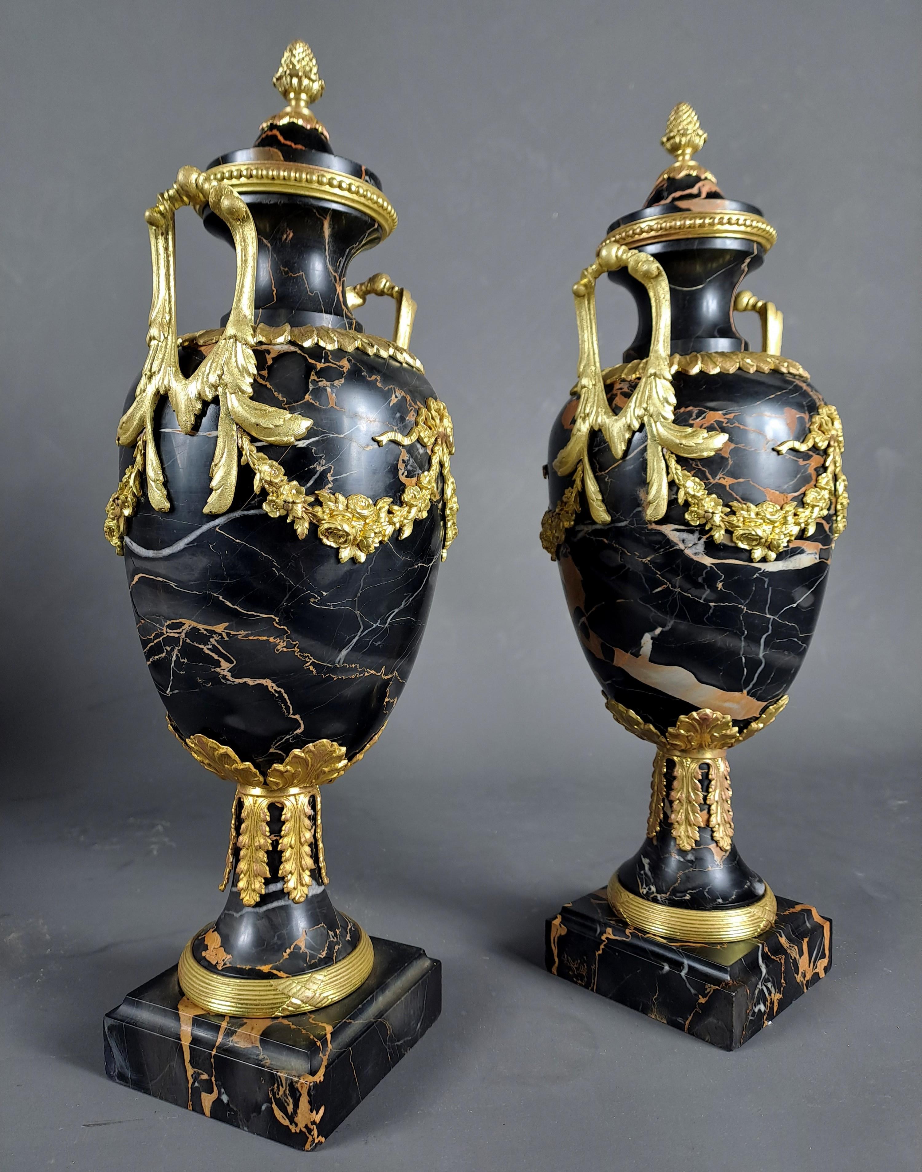 Pair Of Louis XVI Style Cassolettes In Portor Marble And Gilt Bronze 1