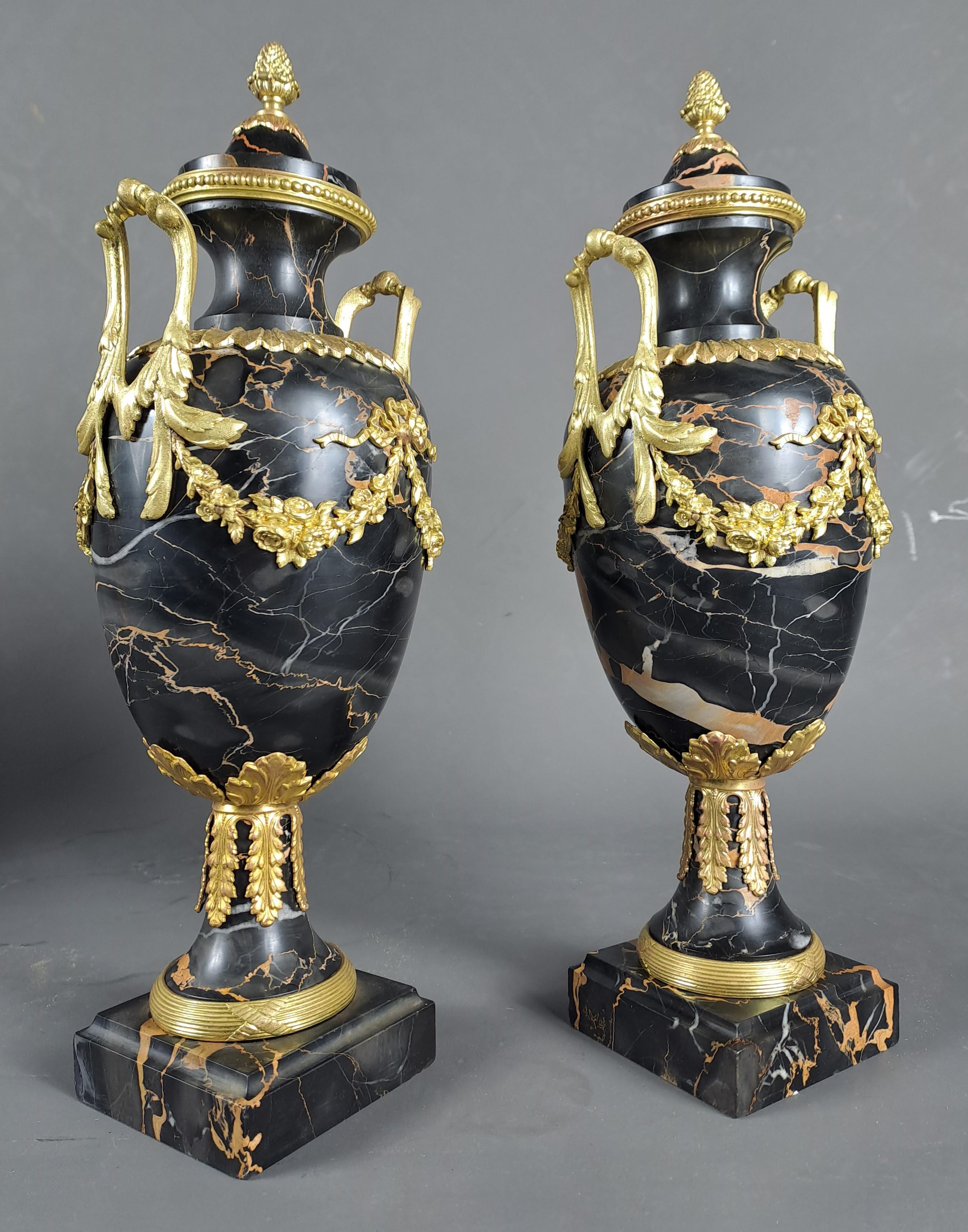 Pair Of Louis XVI Style Cassolettes In Portor Marble And Gilt Bronze 2