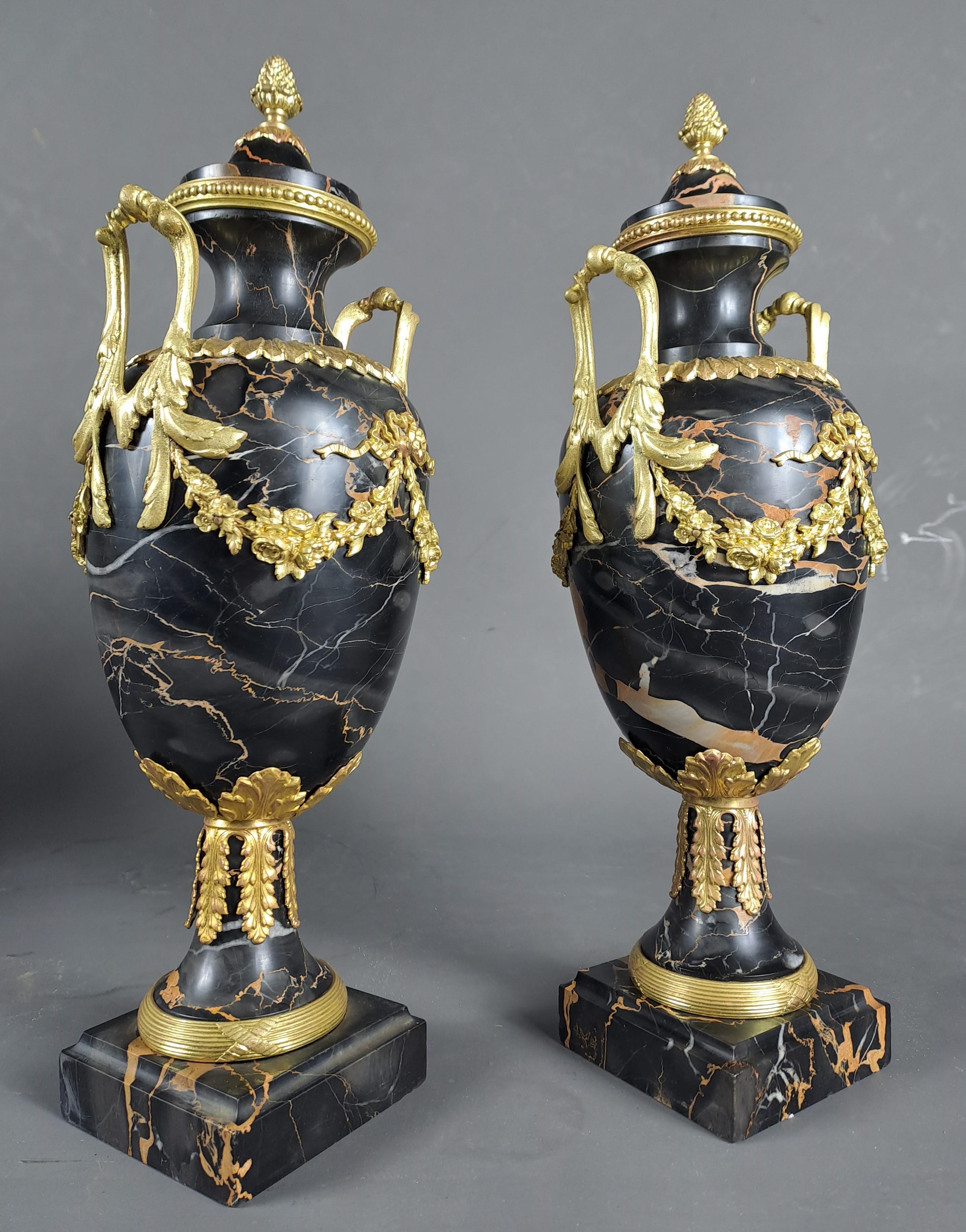Pair Of Louis XVI Style Cassolettes In Portor Marble And Gilt Bronze 3