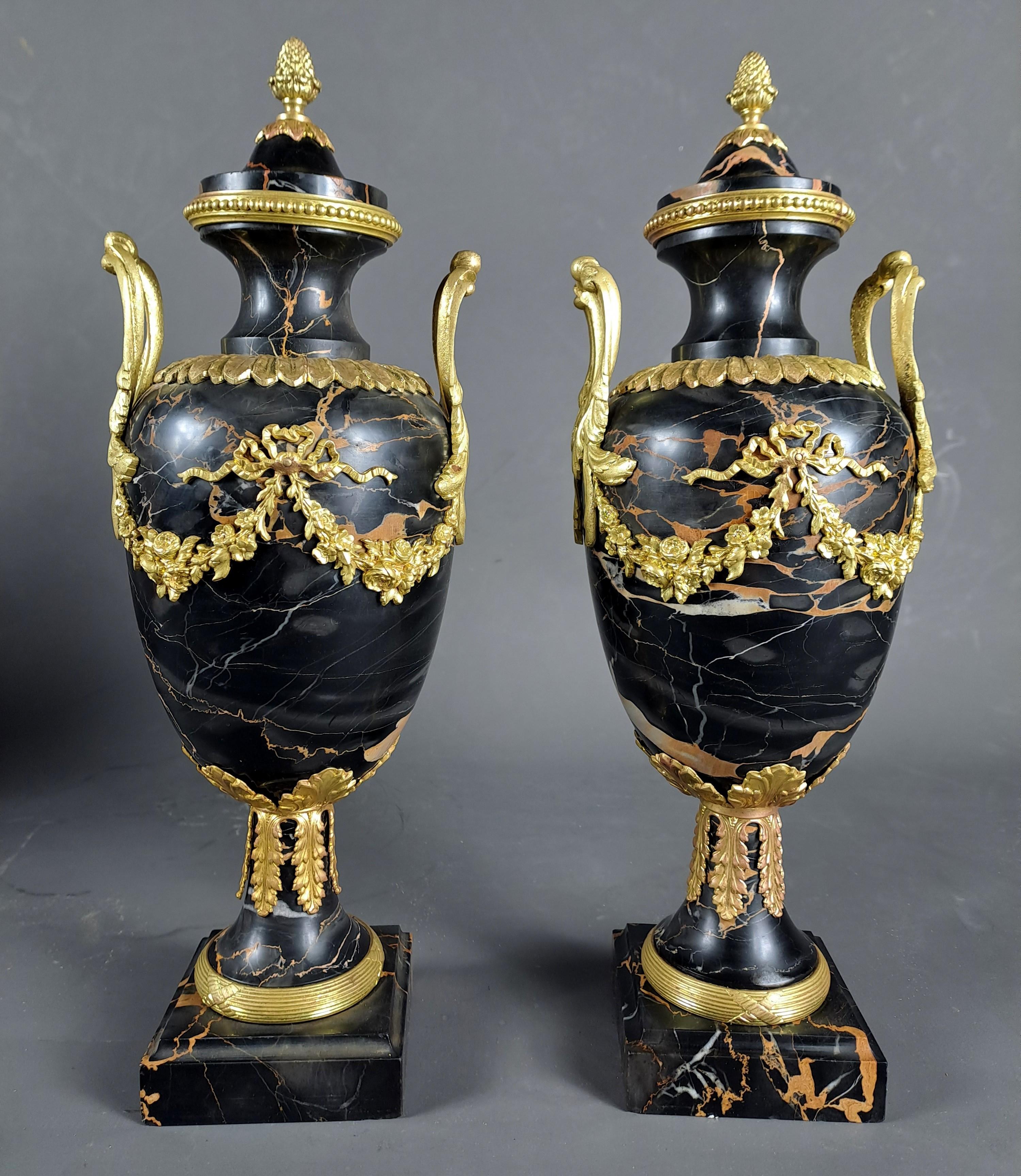 Pair Of Louis XVI Style Cassolettes In Portor Marble And Gilt Bronze 4
