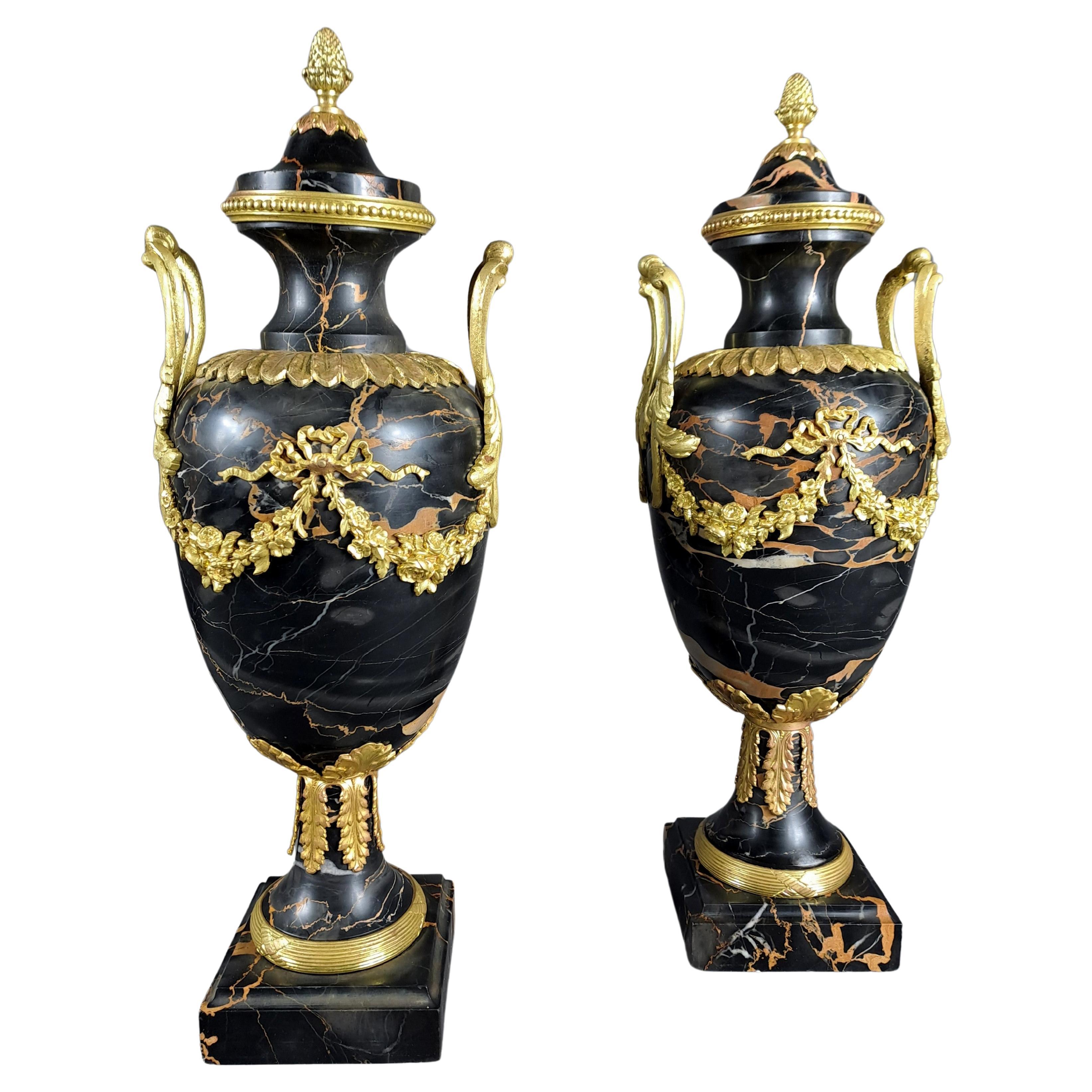 Pair Of Louis XVI Style Cassolettes In Portor Marble And Gilt Bronze