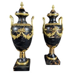 Pair Of Louis XVI Style Cassolettes In Portor Marble And Gilt Bronze