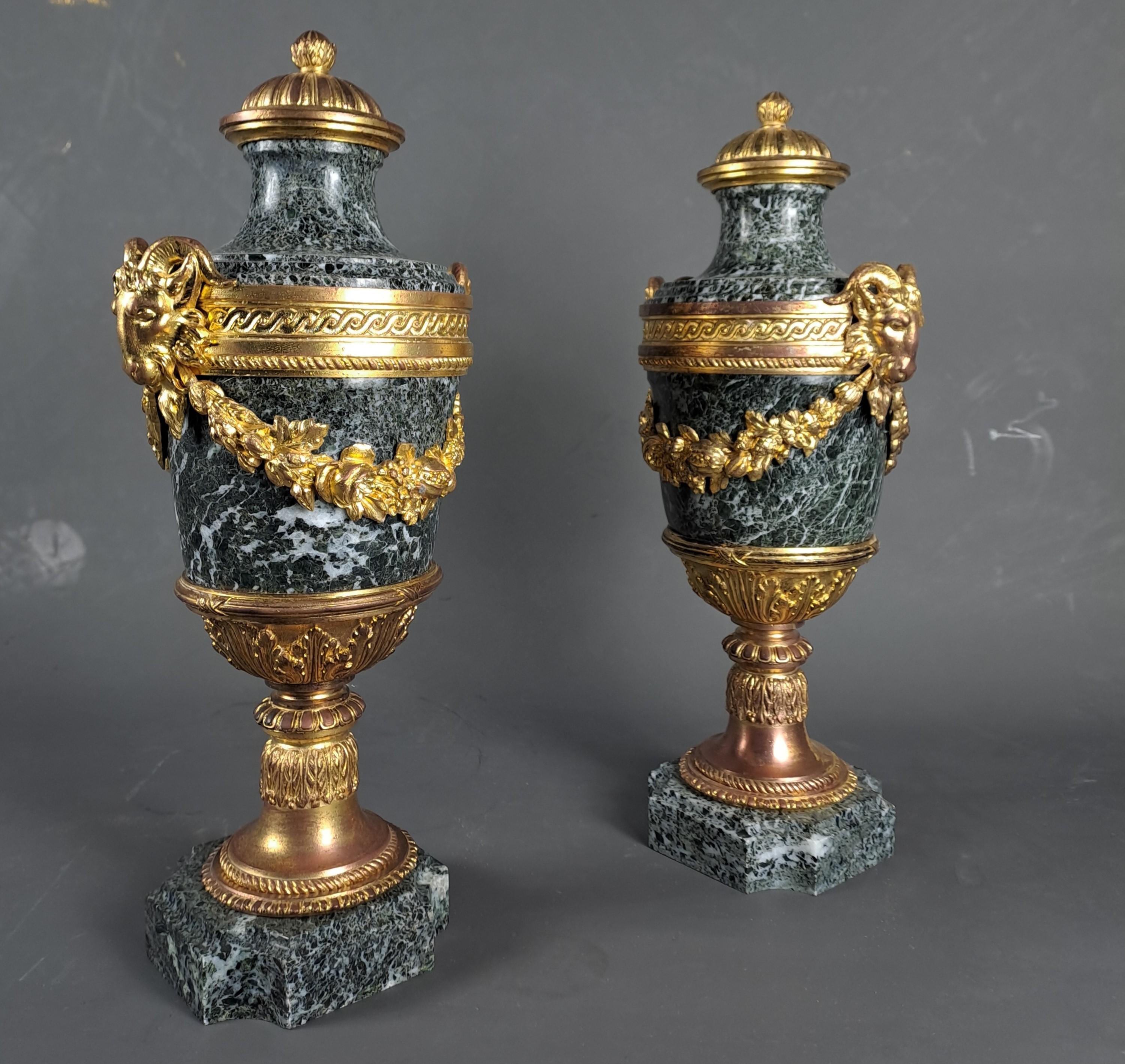 Pair Of Louis XVI Style Cassolettes In Sea Green Marble And Gilt Bronze 5