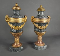 Pair Of Louis XVI Style Cassolettes In Sea Green Marble And Gilt Bronze