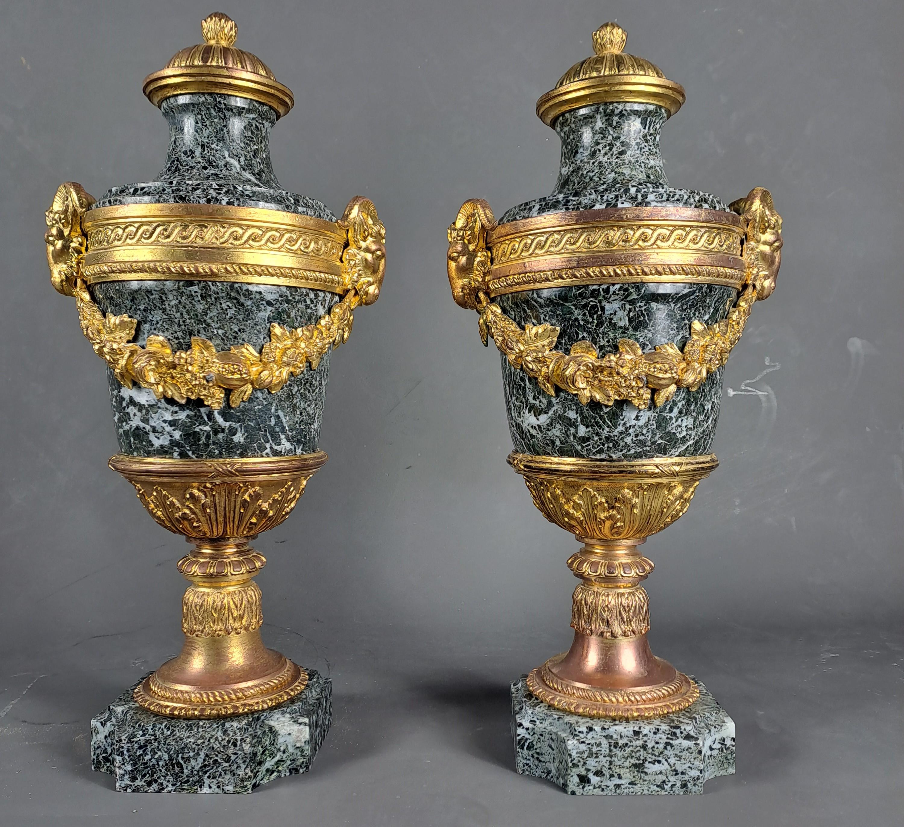 19th Century Pair Of Louis XVI Style Cassolettes In Sea Green Marble And Gilt Bronze For Sale