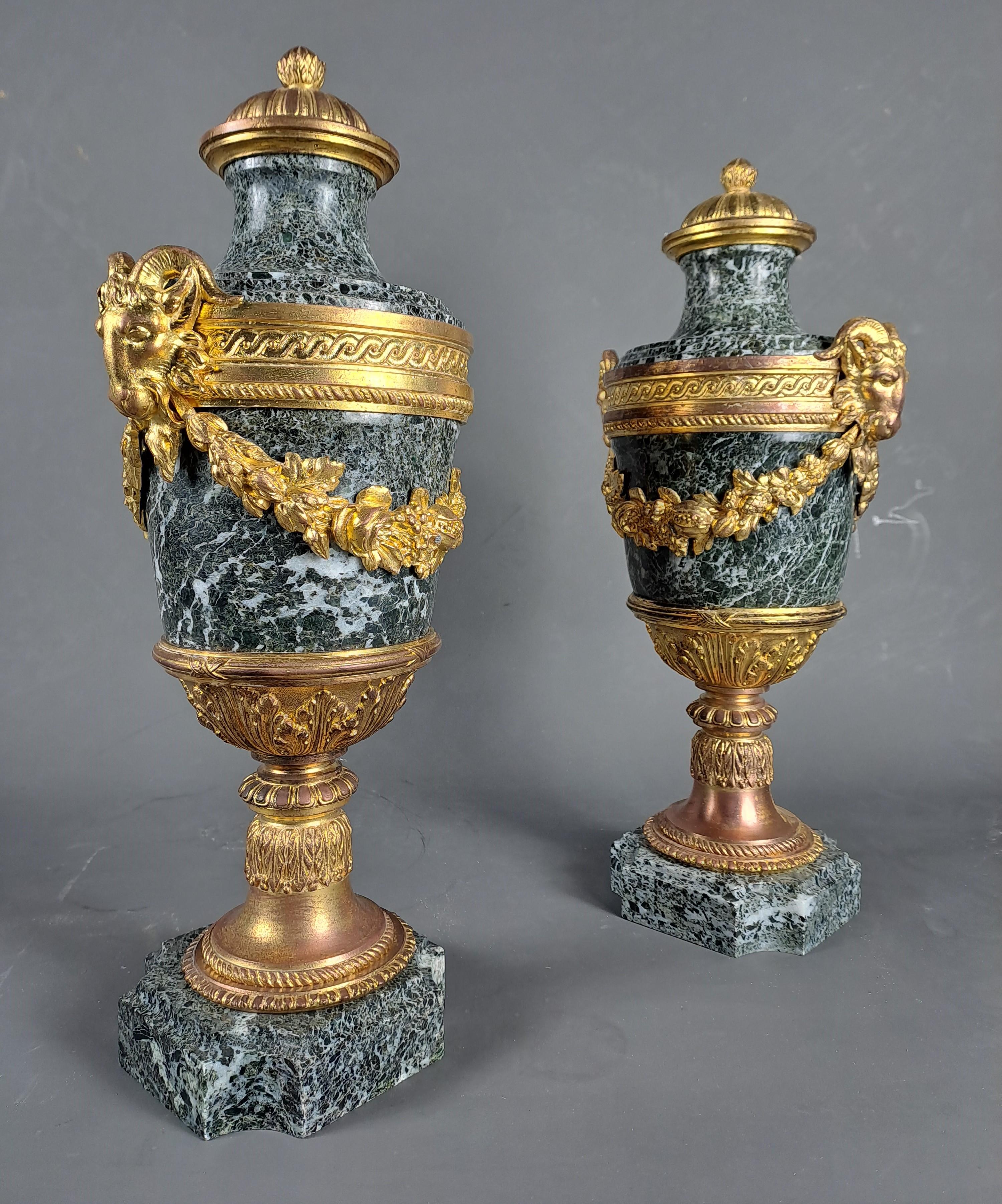 Pair Of Louis XVI Style Cassolettes In Sea Green Marble And Gilt Bronze 4