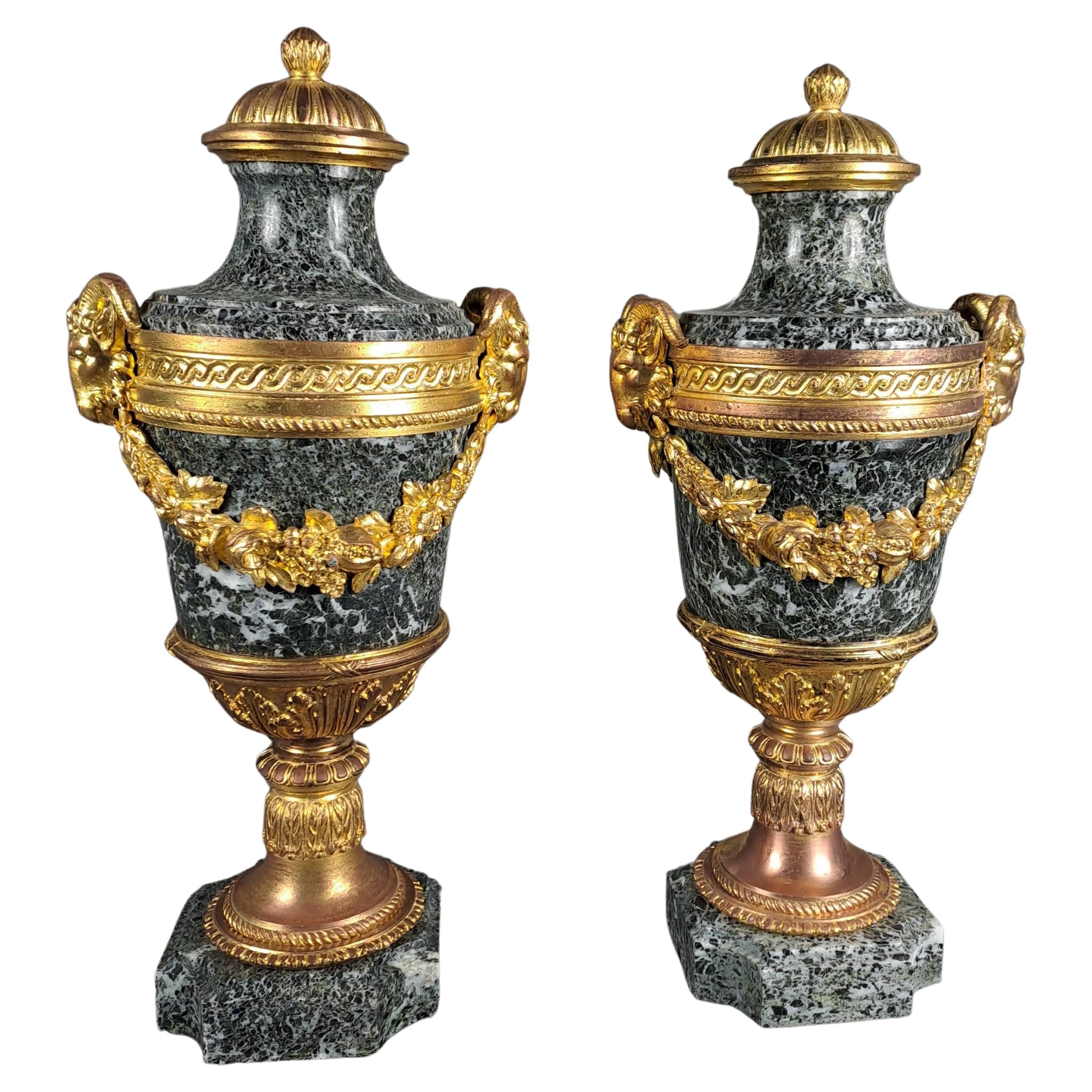 Pair Of Louis XVI Style Cassolettes In Sea Green Marble And Gilt Bronze For Sale