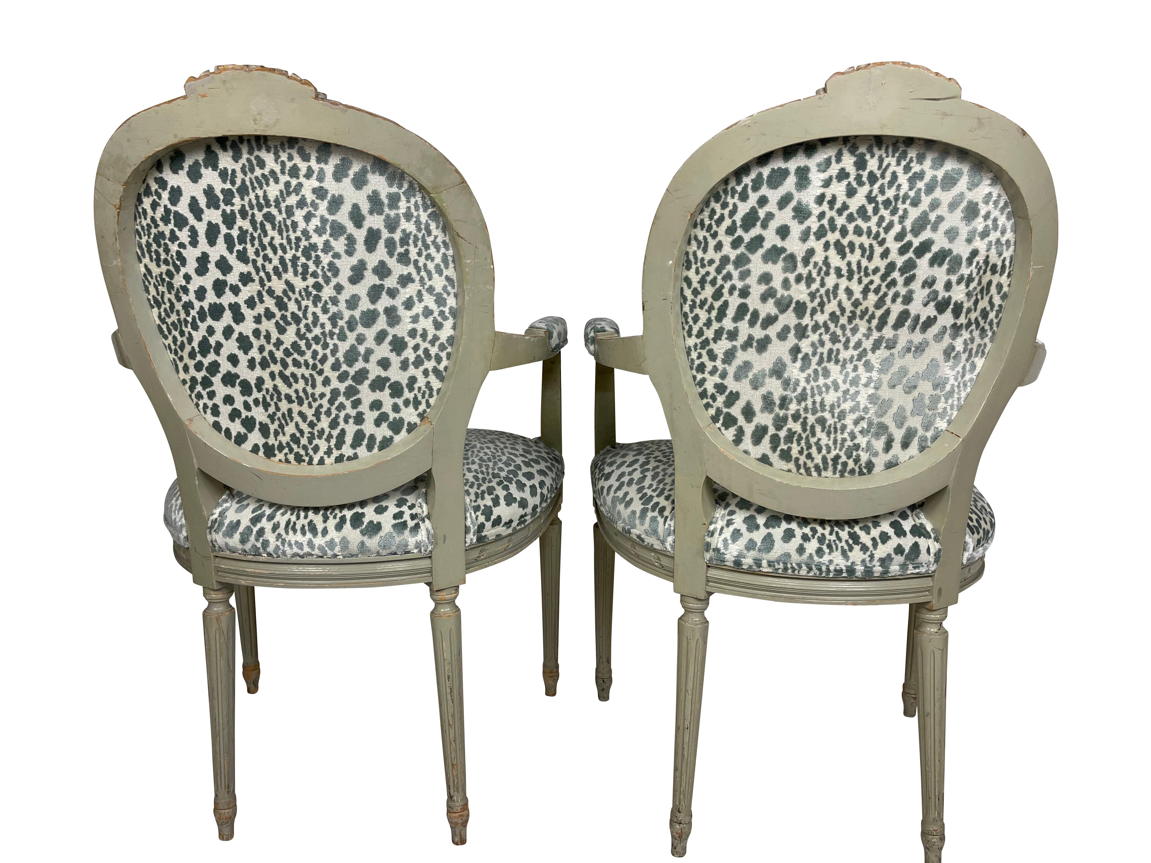 Pair of Louis XVI Style Chairs Blue/Green Animal Print Velvet Fabric In Good Condition For Sale In Essex, MA