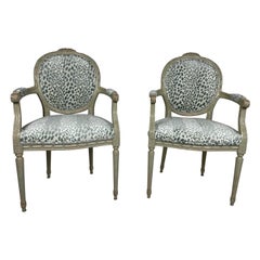 Pair of Louis XVI Style Chairs Blue/Green Animal Print Velvet Fabric