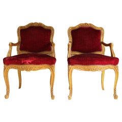 Pair of Louis XVI Style Chairs, Upholstered in Red Velvet, with Studs