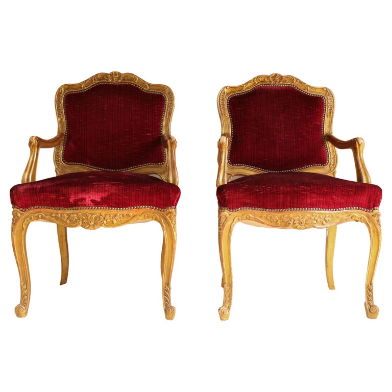 Pair of Louis XVI style chairs, upholstered in red velvet, with studs For Sale at 1stDibs
