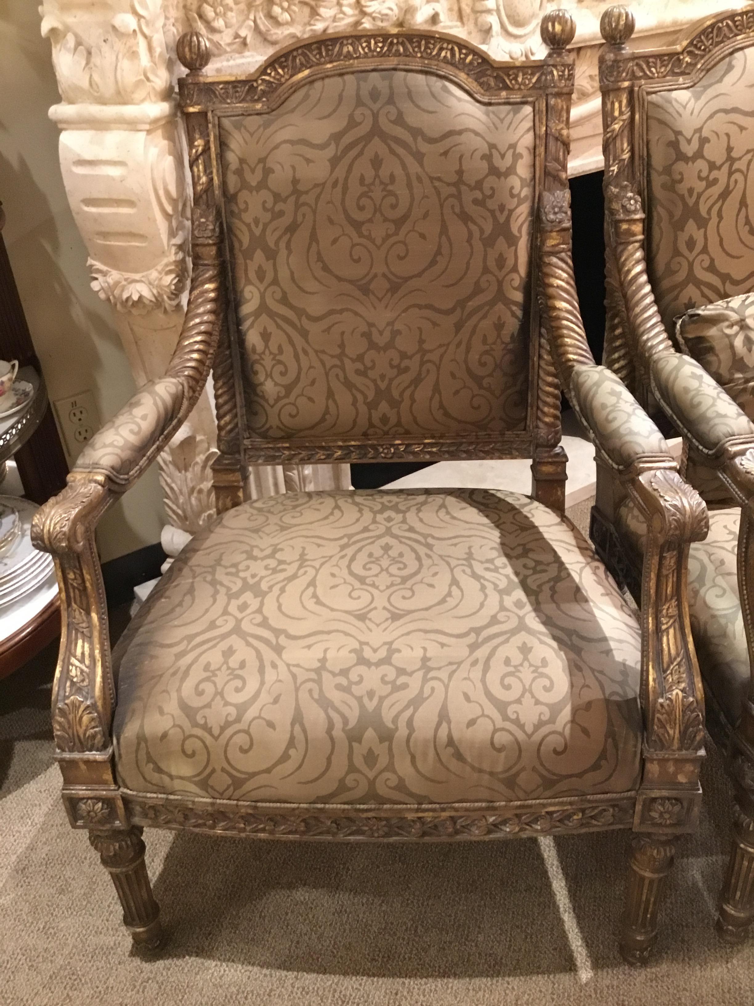 American Pair of Louis XVI Style Chairs with Silk Upholstery For Sale